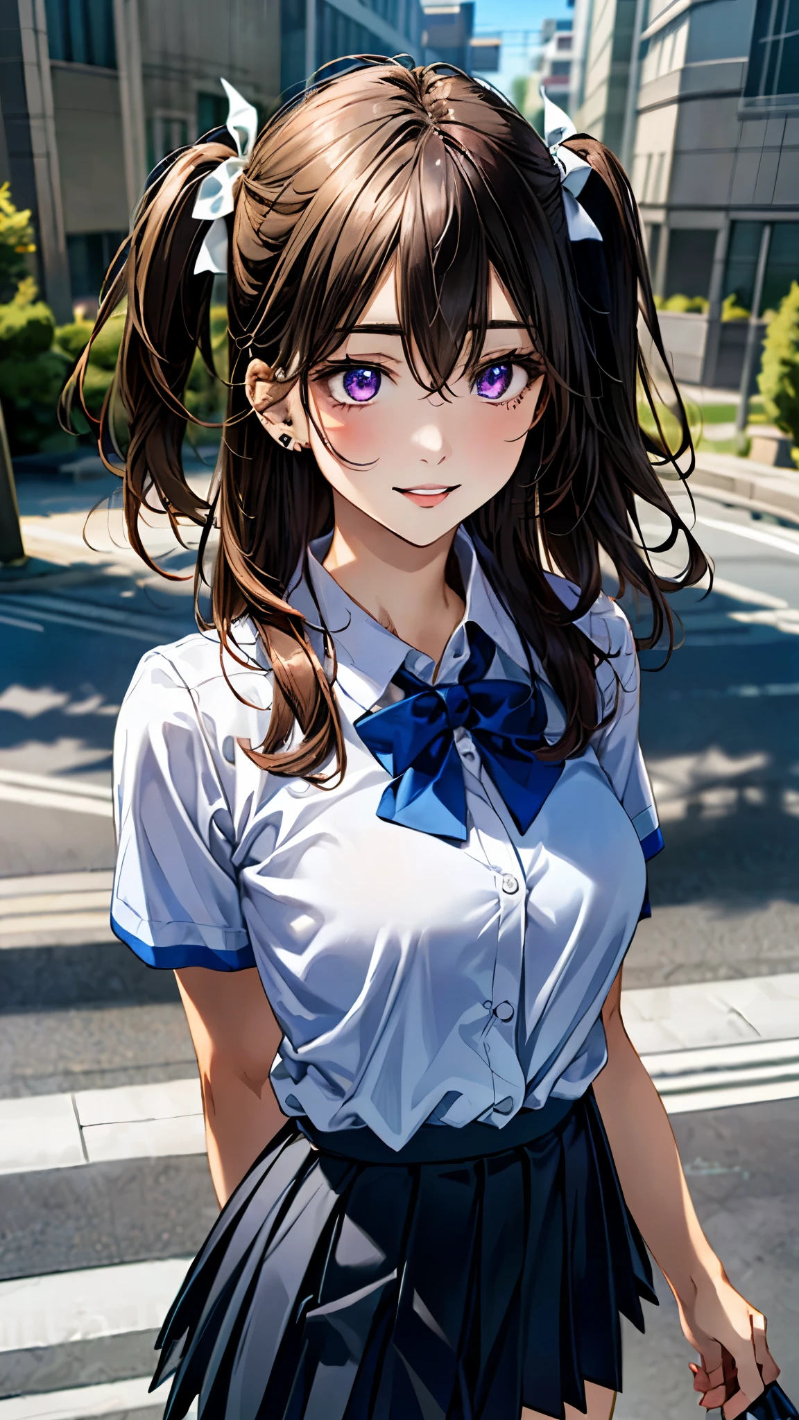 (masterpiece:1.3, top-quality, ultra high res, ultra detailed), (realistic, photorealistic:1.4), beautiful illustration, perfect lighting, colorful, depth of fields,
beautiful detailed hair, beautiful detailed face, beautiful detailed eyes, beautiful clavicle, beautiful body, beautiful chest, beautiful thigh, beautiful legs, beautiful fingers,
looking at viewer, front view:0.6, 1 girl, japanese, high school girl, perfect face, (perfect anatomy, anatomically correct), cute and symmetrical face, babyface, , shiny skin,
(long hair:1.5, (two side up:1.2), dark violet hair), hair between eyes, dark purple eyes, long eye lasher, (medium breasts), slender,
((short sleeve collared white shirt, steel blue pleated skirt)), dark red bow tie, piercing,
(beautiful scenery), evening, (street, cityscape in the distance), walking, arms behind back, (happy smile, parted lips),