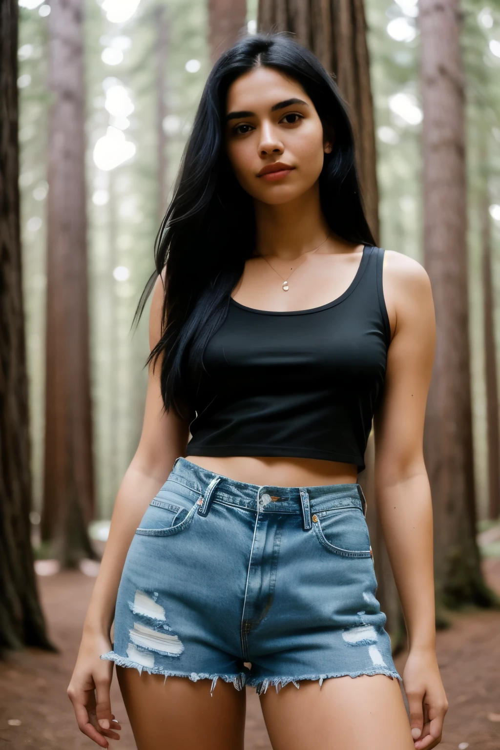 best quality, 1girl, ((looking at viewer)), dark blue hair, black eyes, very short hair, spiky hair, ahoge, t-shirt, high waisted jeans, 171cm, messy hair, hair between eyes, medium breasts, beauty breasts, plump, dark skin, tomboy, adult, 20 years old, 1girl, solo, sole, grin, wide hips, thighs, standing, bokeh, forest