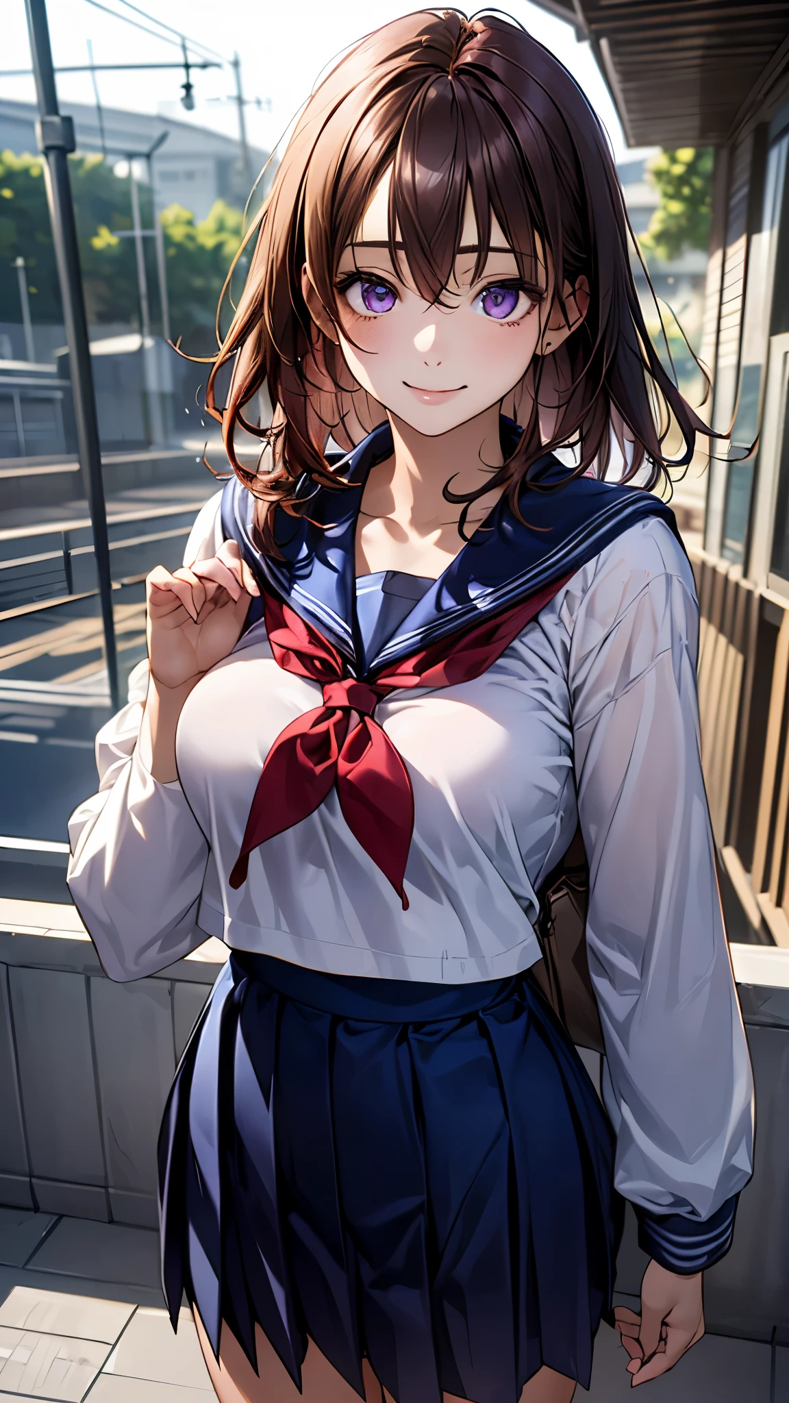 (masterpiece:1.2, top-quality), (realistic, photorealistic:1.4), beautiful illustration, (natural side lighting, movie lighting), nsfw,
looking at viewer, 1 girl, japanese, high school girl, perfect face, cute and symmetrical face, shiny skin,
(middle hair:1.5, (two side up:1.2), grey purple hair), hair between eyes, purple eyes, long eye lasher, (medium breasts), slender, dark red hair ribbon,
beautiful hair, beautiful face, beautiful detailed eyes, beautiful clavicle, beautiful body, beautiful chest, beautiful thigh, beautiful legs, beautiful fingers,
((detailed cloth texture, long sleeves light brown sailor suit, navy blue pleated skirt, navy blue sailor collar, red sailor scarf)), school bag,
(beautiful scenery), evening, (train station), standing, (lovely smile, open mouse slightly),