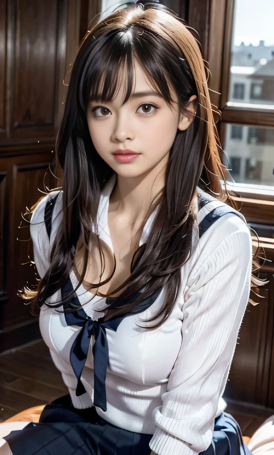 (8K, Raw photo, realistic:1.25) ,{( lip gloss), eyelash, shiny face, Glossy skin}, {highest quality, ultra high resolution}, Depth of written boundary, chromatic aberration, caustics, wide range lighting, natural shading,){ Look at the viewer with a calm expression::18-year-old, happiness like a goddess}}., , {{sailor suit:See-through:pink good:nipple}}, {mini skirt},{{simple background:white}}