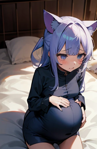 1 girl, Have cat ears,Pregnant, childbirth, work, Pregnantのお腹を抱きしめる, wear a maternity suit、clothes get torn、scared、on the bed、wearing a skirt