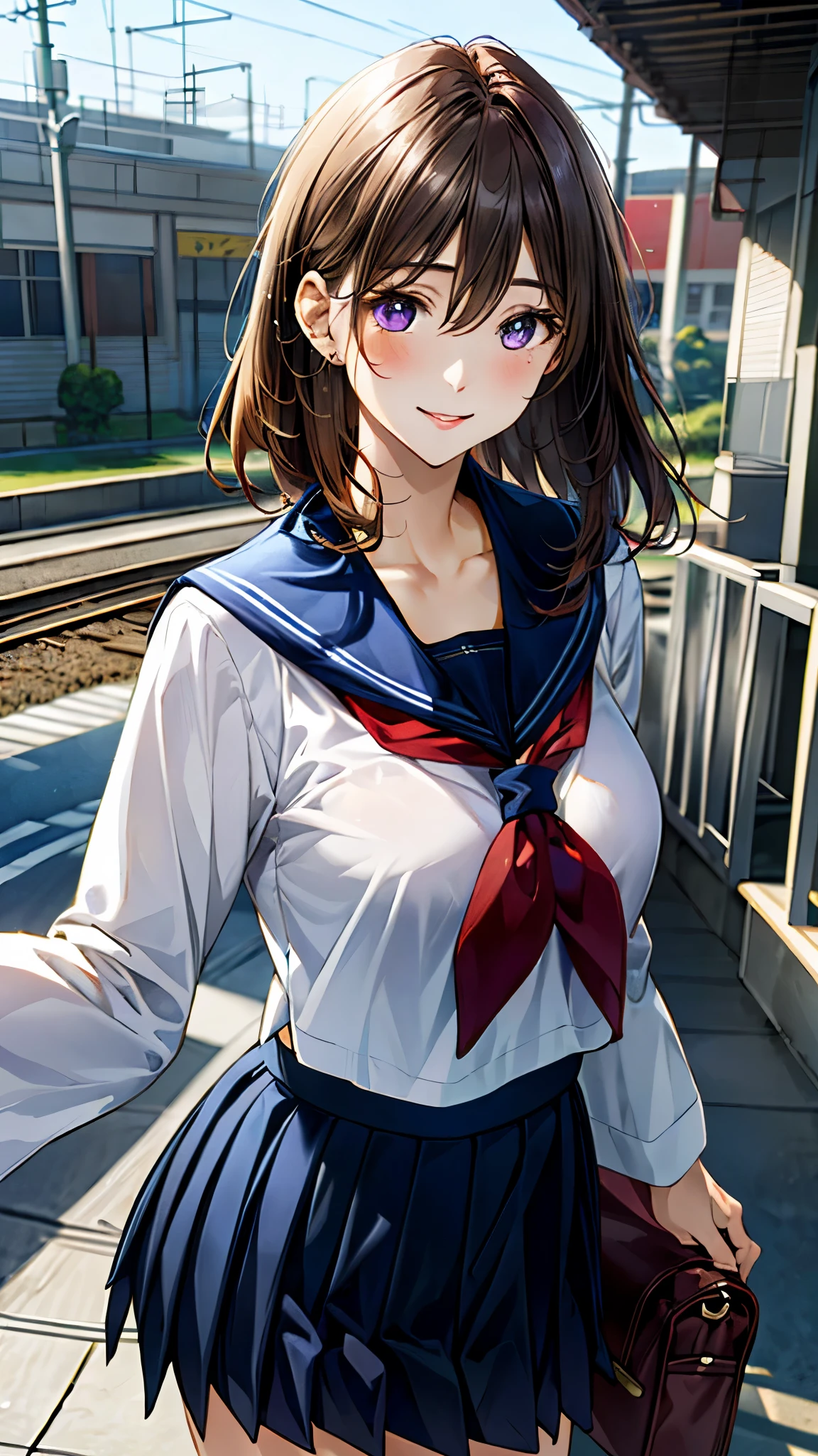 (masterpiece:1.2, top-quality), (realistic, photorealistic:1.4), beautiful illustration, (natural side lighting, movie lighting), nsfw,
looking at viewer, 1 girl, japanese, high school girl, perfect face, cute and symmetrical face, shiny skin,
(middle hair:1.5, (two side up:1.2), grey purple hair), hair between eyes, purple eyes, long eye lasher, (medium breasts), slender, dark red hair ribbon,
beautiful hair, beautiful face, beautiful detailed eyes, beautiful clavicle, beautiful body, beautiful chest, beautiful thigh, beautiful legs, beautiful fingers,
((detailed cloth texture, long sleeves light brown sailor suit, navy blue pleated skirt, navy blue sailor collar, red sailor scarf)), school bag,
(beautiful scenery), evening, (train station), standing, (lovely smile, open mouse slightly),