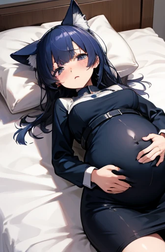 1 girl, Have cat ears,Pregnant, childbirth, work, Pregnantのお腹を抱きしめる, wear a maternity suit、clothes get torn、scared、on the bed、wearing a skirt