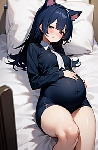 1 girl, Have cat ears,Pregnant, childbirth, work, Pregnantのお腹を抱きしめる, wear a maternity suit、clothes get torn、scared、on the bed、wearing a skirt