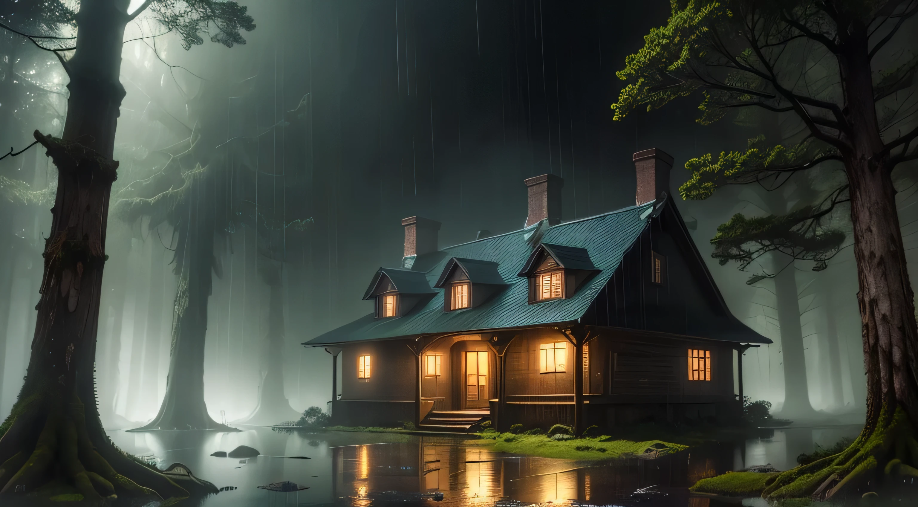 (oak house,pine forest),heavy rain, night view),(highest quality,High resolution:1.2),Super detailed, HDR, (Oil,realistic:1.37),(Rough atmosphere,moody atmosphere),bright colors, (thick raindrops,wet ground), (distant thunder, powerful lightning), (wet tree trunk,moss covered rocks),dramatic shadow