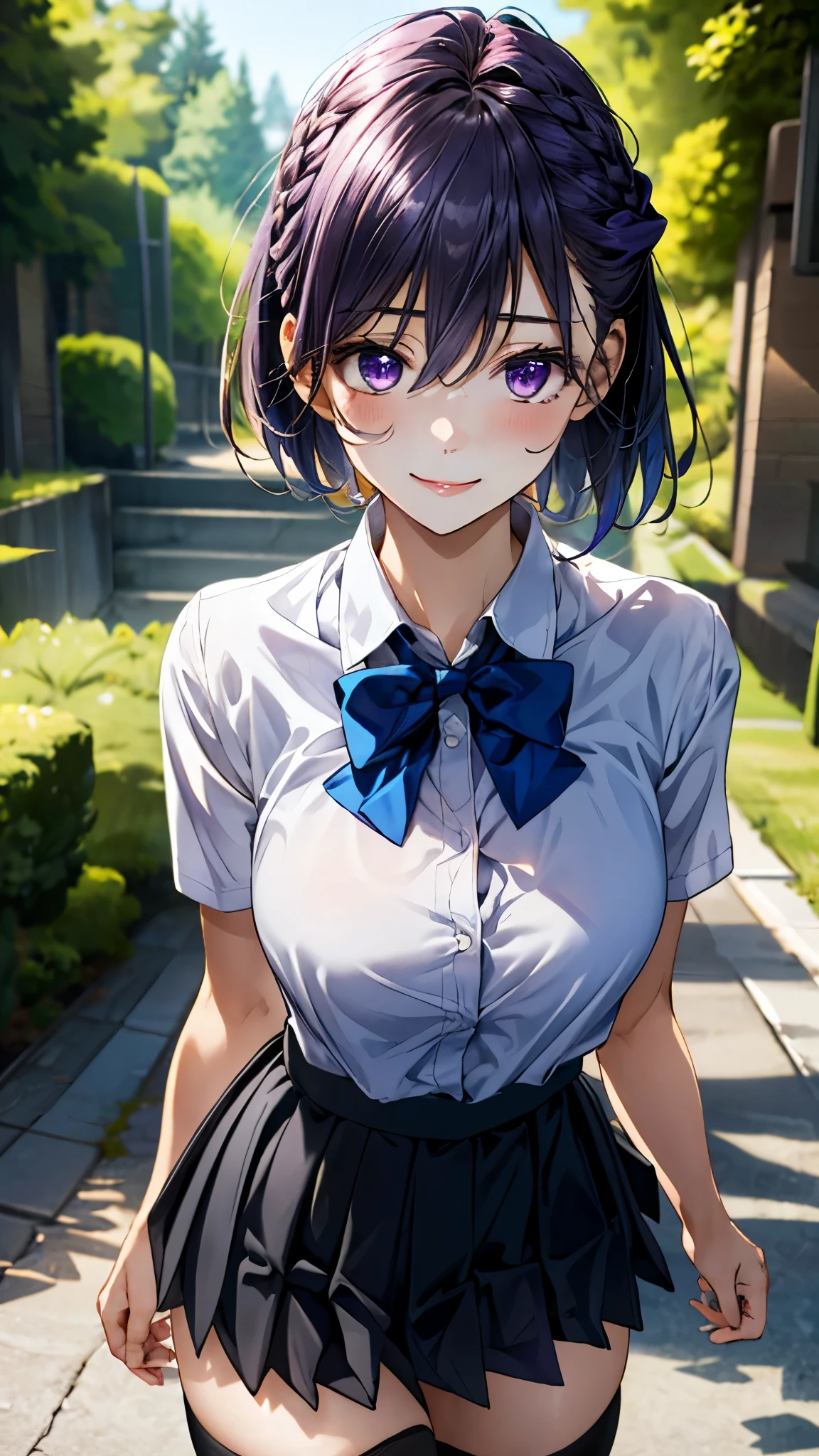 (masterpiece:1.2, top-quality), (realistic, photorealistic:1.4), beautiful illustration, (natural side lighting, movie lighting), nsfw,
looking at viewer, cowboy shot, front view:0.6, 1 girl, japanese, high school girl, perfect face, cute and symmetrical face, shiny skin,
(short hair:1.2, messy hair:1.2, braid:1.0, purple hair), hair between eyes, purple eyes, long eye lasher, (large breasts:0.7, thick thighs),
beautiful hair, beautiful face, beautiful detailed eyes, beautiful clavicle, beautiful body, beautiful chest, beautiful thigh, beautiful legs, beautiful fingers,
((white collared shirts, grey pleated mini skirt, black socks, blue bow tie)),
(beautiful scenery), evening, riverside, walking, hands on chest, (lovely smile, upper eyes),