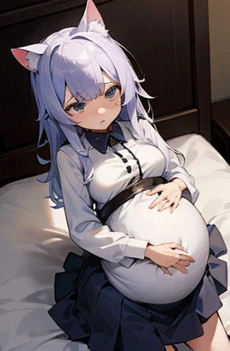 1 girl, Have cat ears,Pregnant, childbirth, work, Pregnantのお腹を抱きしめる, wear a maternity suit、clothes get torn、scared、on the bed、wearing a skirt