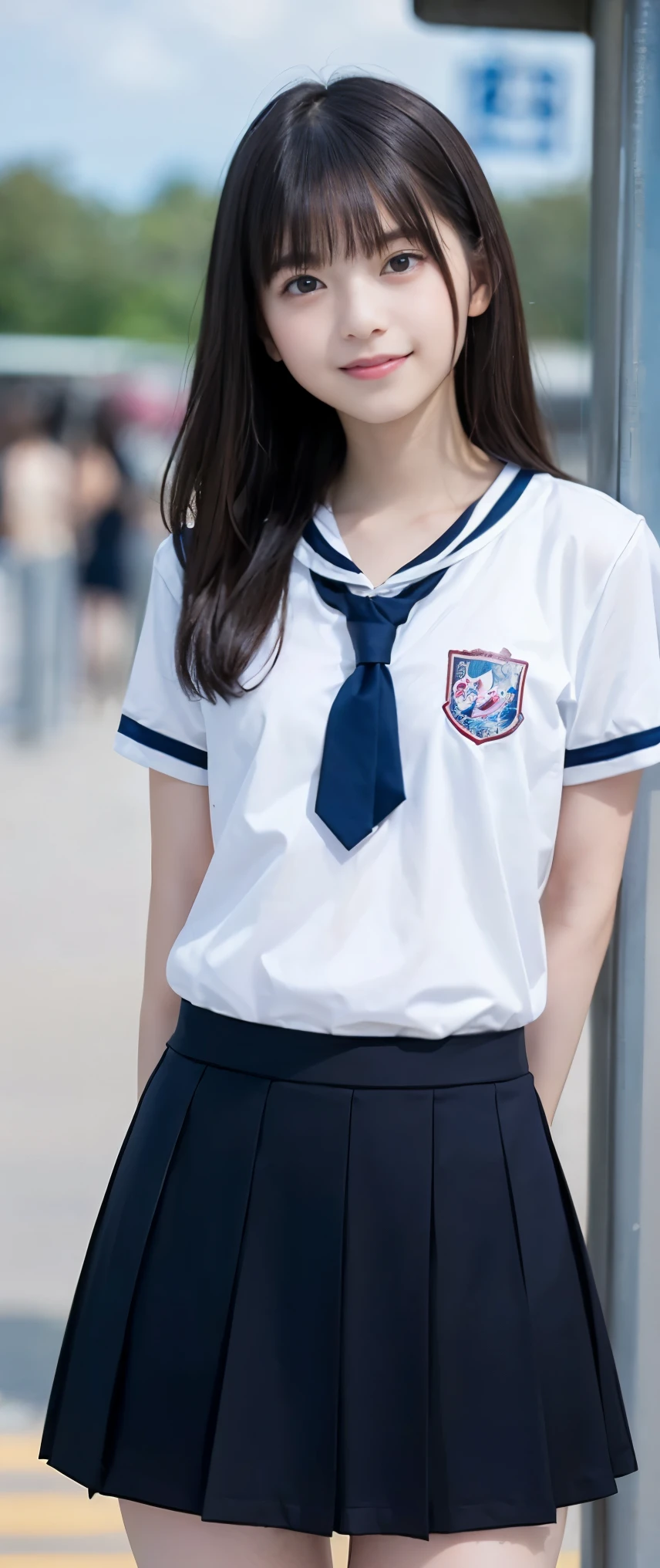 neat college girl, (school uniform, sailor uniform, ribbon tied at chest, summer uniform, upper body white, skirt is navy blue), outside the athletic field, (slim), photorealistic, detail, skin texture, ultra detail, delicate and sexy collarbone, smile, super detailed face, detailed lips, detailed eyes, double eyelids, small breasts, small breasts, small, flat breasts, breast emphasis