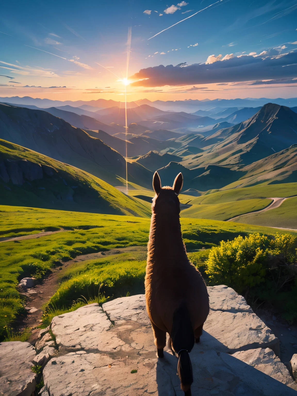 a llama standing on the edge of a cliff, looking at a vast valley and illuminated by the rising sun, determination and hope in the face, Photography, using a Canon EOS R5 camera with 20mm wide-angle lens, f/8 aperture, ISO 100, and shutter speed of 1/125s to capture the scale and brightness of the scene, --ar 16:9 --v 5