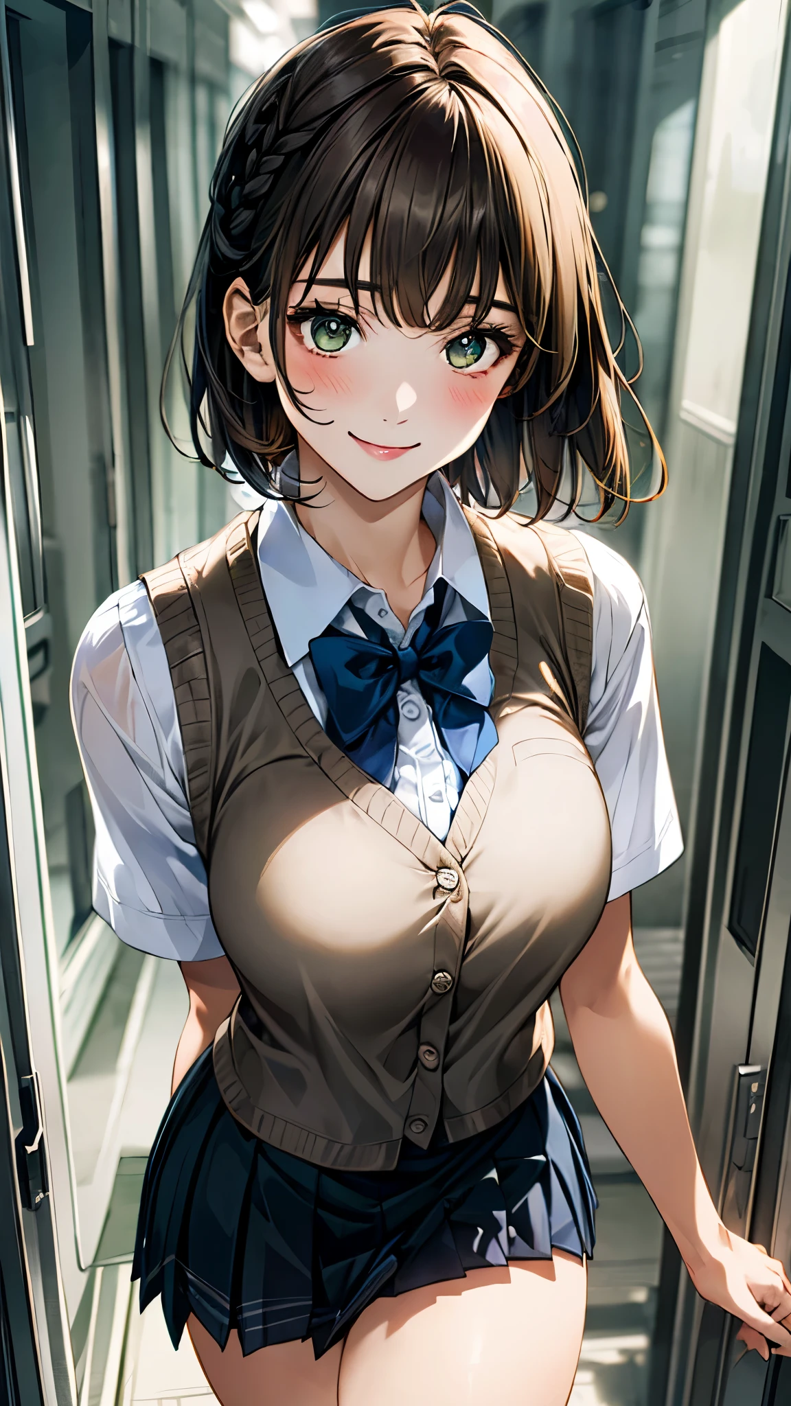 (masterpiece:1.2, top-quality), (realistic, photorealistic:1.4), beautiful illustration, (natural side lighting, movie lighting),
looking at viewer, upper body, 1 girl, japanese, high school girl, 12 years old, perfect face, cute and symmetrical face, shiny skin,
(short hair, braid, light brown hair), bangs, emerald greeneyes, big eyes, long eye lasher, (medium breasts),
beautiful hair, beautiful face, beautiful detailed eyes, beautiful clavicle, beautiful body, beautiful chest, beautiful thigh, beautiful legs, beautiful fingers,
((white collared shirts, light blue bow tie, dark grey pleated mini skirt, yellow grown knitted vest)),
(beautiful scenery), evening, (school hallway), walking, ((breast grab)), (in heat, aroused, seductive smile),