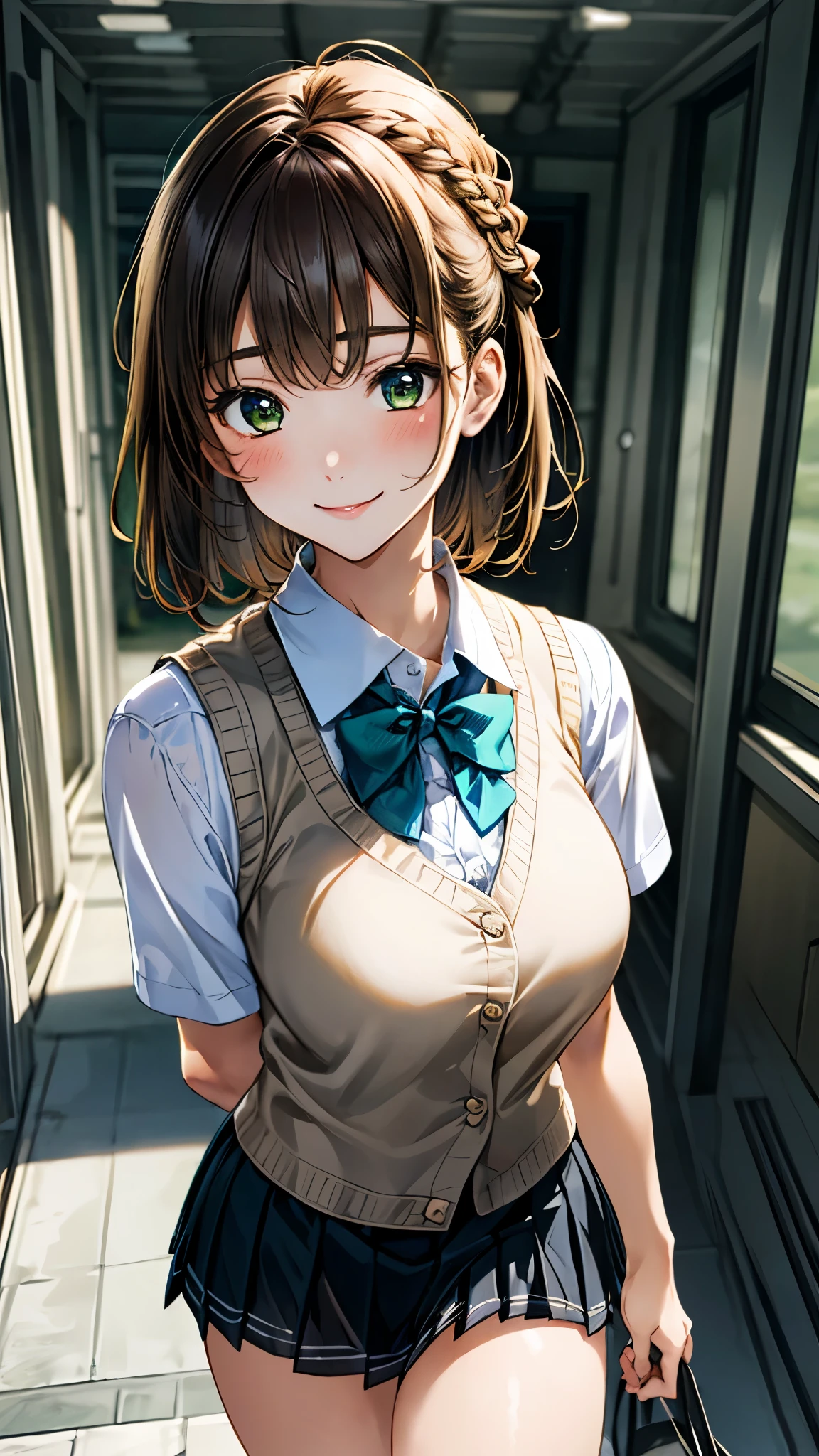 (masterpiece:1.2, top-quality), (realistic, photorealistic:1.4), beautiful illustration, (natural side lighting, movie lighting), 
looking at viewer, upper body, 1 girl, japanese, high school girl, 12 years old, perfect face, cute and symmetrical face, shiny skin, 
(short hair, braid, light brown hair), bangs, emerald greeneyes, big eyes, long eye lasher, (medium breasts), 
beautiful hair, beautiful face, beautiful detailed eyes, beautiful clavicle, beautiful body, beautiful chest, beautiful thigh, beautiful legs, beautiful fingers, 
((white collared shirts, light blue bow tie, dark grey pleated mini skirt, yellow grown knitted vest)), 
(beautiful scenery), evening, (school hallway), walking, ((breast grab)), (in heat, aroused, seductive smile),