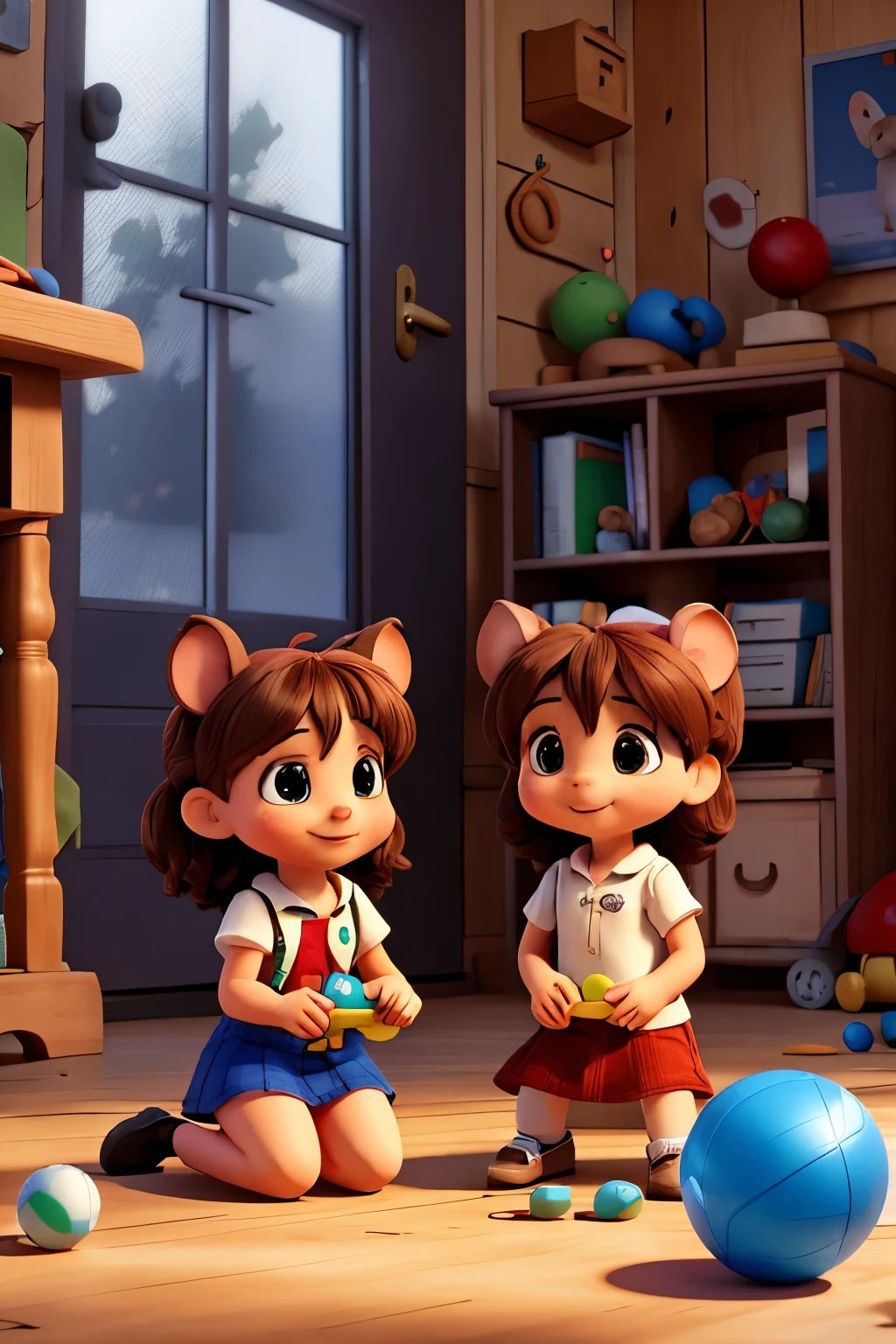 In a small school in the woods, there were two adorable little mice named Mia and Rafa. They were best friends and loved playing together. However, one day during recess, they started fighting over a very special toy. Mia wanted to play with the red wind-up car, while Rafa was determined to play with the blue ball. The argument quickly turned into a fight, and they ended up dropping their toys and hurting themselves.