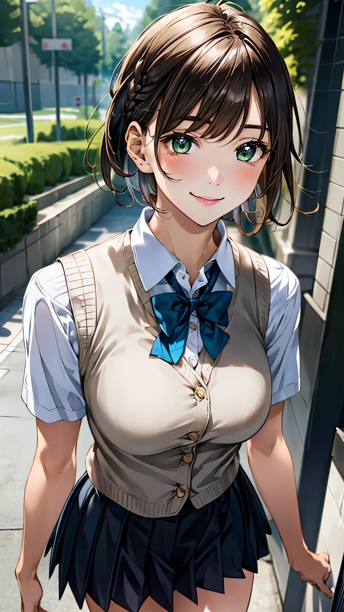 (masterpiece:1.2, top-quality), (realistic, photorealistic:1.4), beautiful illustration, (natural side lighting, movie lighting),
looking at viewer, upper body, 1 girl, japanese, high school girl, , perfect face, cute and symmetrical face, shiny skin,
(short hair, braid, light brown hair), bangs, emerald greeneyes, big eyes, long eye lasher, (medium breasts),
beautiful hair, beautiful face, beautiful detailed eyes, beautiful clavicle, beautiful body, beautiful chest, beautiful thigh, beautiful legs, beautiful fingers,
((white collared shirts, light blue bow tie, dark grey pleated mini skirt, yellow grown knitted vest)),
(beautiful scenery), evening, (school hallway), walking, ((breast grab)), (in heat, aroused, seductive smile),