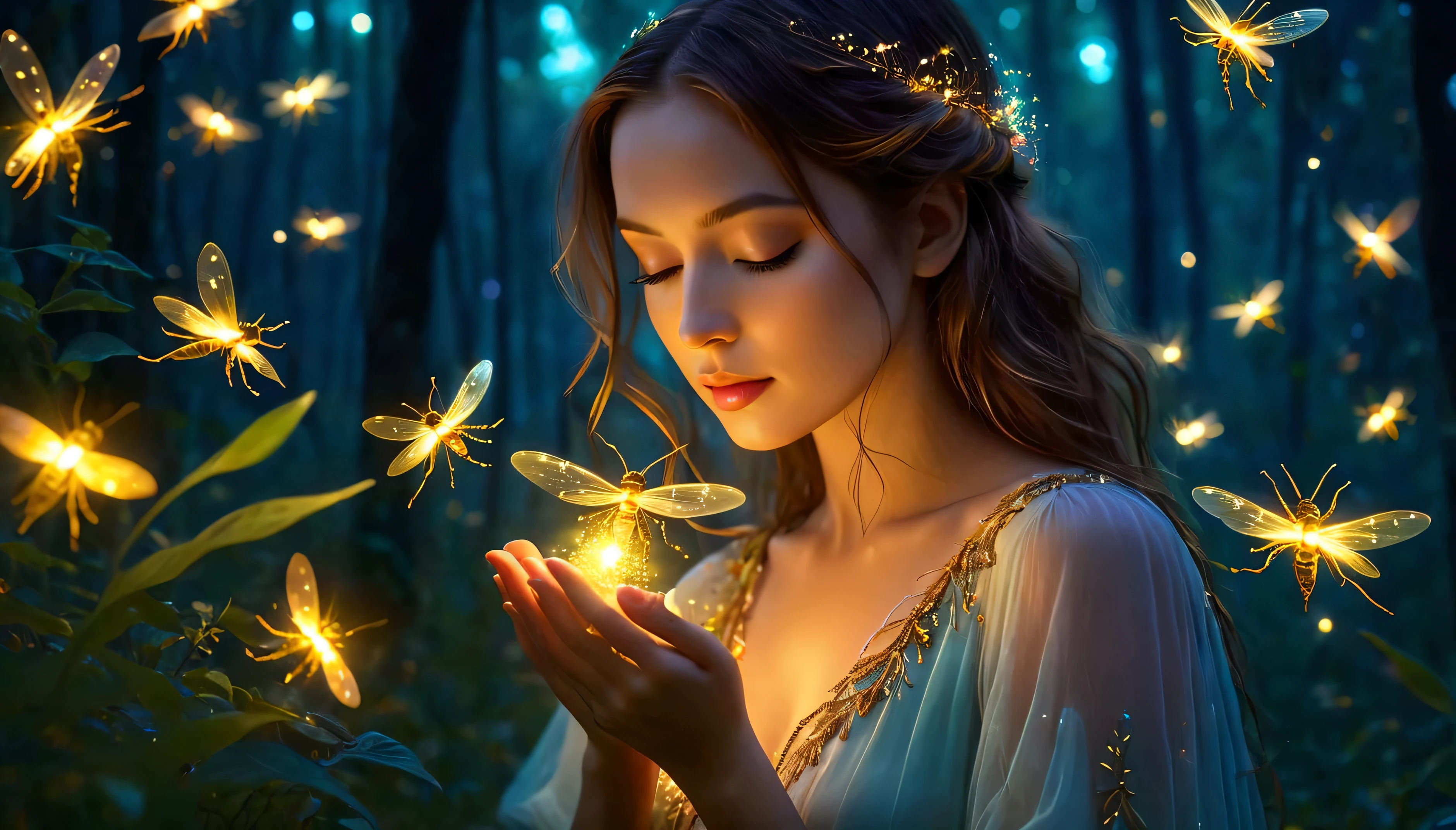 (Melhor qualidade,high resolution,ultra-detalhado:1.2),atmosfera surreal,mulher segurando vaga-lumes brilhantes,paisagem de sonho,magic colors,ethereal lighting,atmosfera encantada,luzes vibrantes de vaga-lume,acabamento polido,golden hour lighting,atmosfera surrealista,linda mulher detalhada,cena cheia de maravilhas,mesmerizing composition,trilhas cintilantes de vaga-lumes,cena de fantasia surreal,brilho transcendente,peaceful serenity,Illuminated dreamscape,magical night,Serene and mystical,beleza sublime,fantastic atmosphere,halo luminoso de vaga-lume,otherworldly experience,Brilho deslumbrante,Arte hipnotizante,intricate details of woman's hands,Extravagant scenery,brilho sonhador,noite encantada,maravilha atemporal,serene allure,mystic energy,encantamento noturno