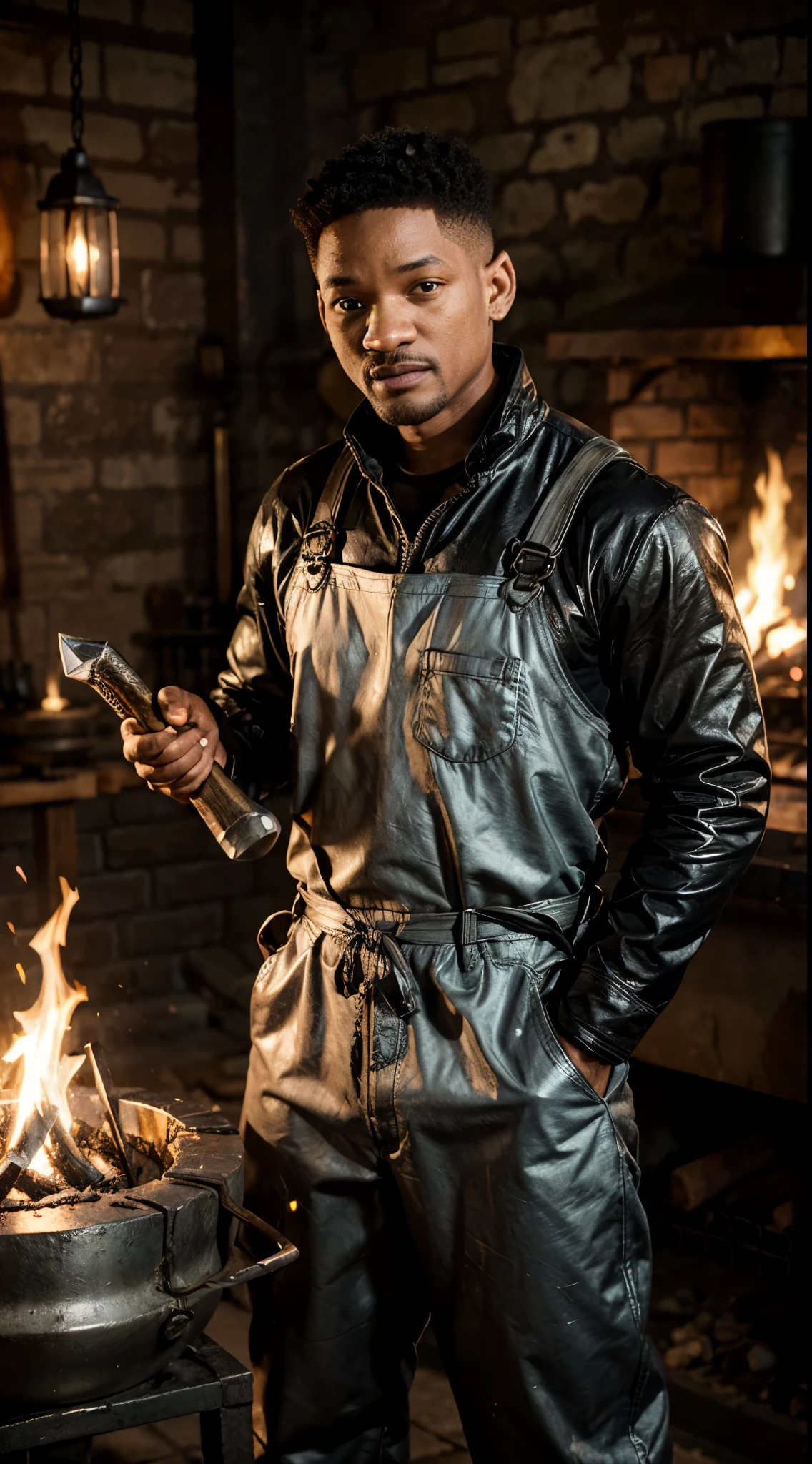 In a forge, Will Smith is wearing coveralls and using a hammer to forge a sword on an anvil. The scene is of the highest quality, a masterpiece in 4k and 8k resolution, with ultra-detailed and sharp focus. The forging process is shown in intricate detail, capturing every aspect of the work. Will Smith has a pretty face, with a detailed nose, beautiful lips, and captivating eyes. The overall atmosphere is filled with the intense glow of the forge, highlighting the craftsmanship involved.