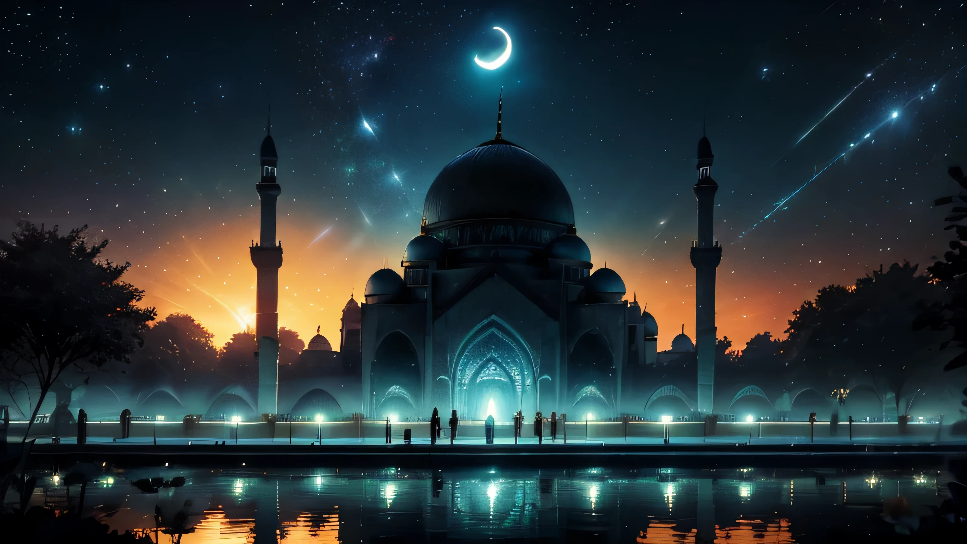 Perfect mosque,bright lights inside the mosque, birds siluet, Twillight sky, dusk sky, orange sky, perfect moon, main part, Gorgeous, landscape, (((No_HumaNos))), night, flower, flower garden, starry sky, constellation, amazing, Vision, water, Quint, accompaniment, peaceful, meteor, cosmic, magic, magic, detail, Justo, ((Piri Rambos))