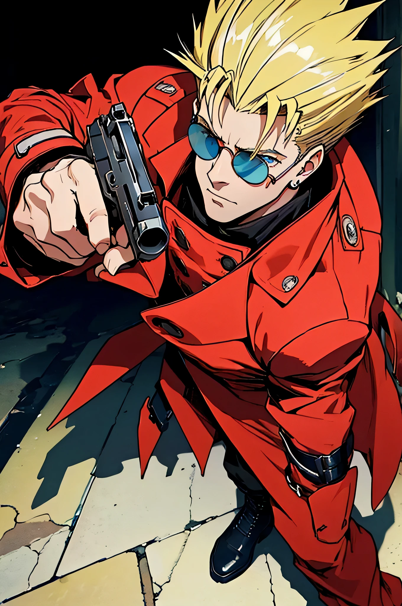 (masterpiece:1.4), (highest quality:1.4), (High resolution:1.4), anatomically perfect body, perfect handgun, (Vash Stampede), yellowい髪, blue eyes, (red trench coat), black pants, (Sunglasses with round lenses, yellow), loaded, big revolver gun, hard action pose