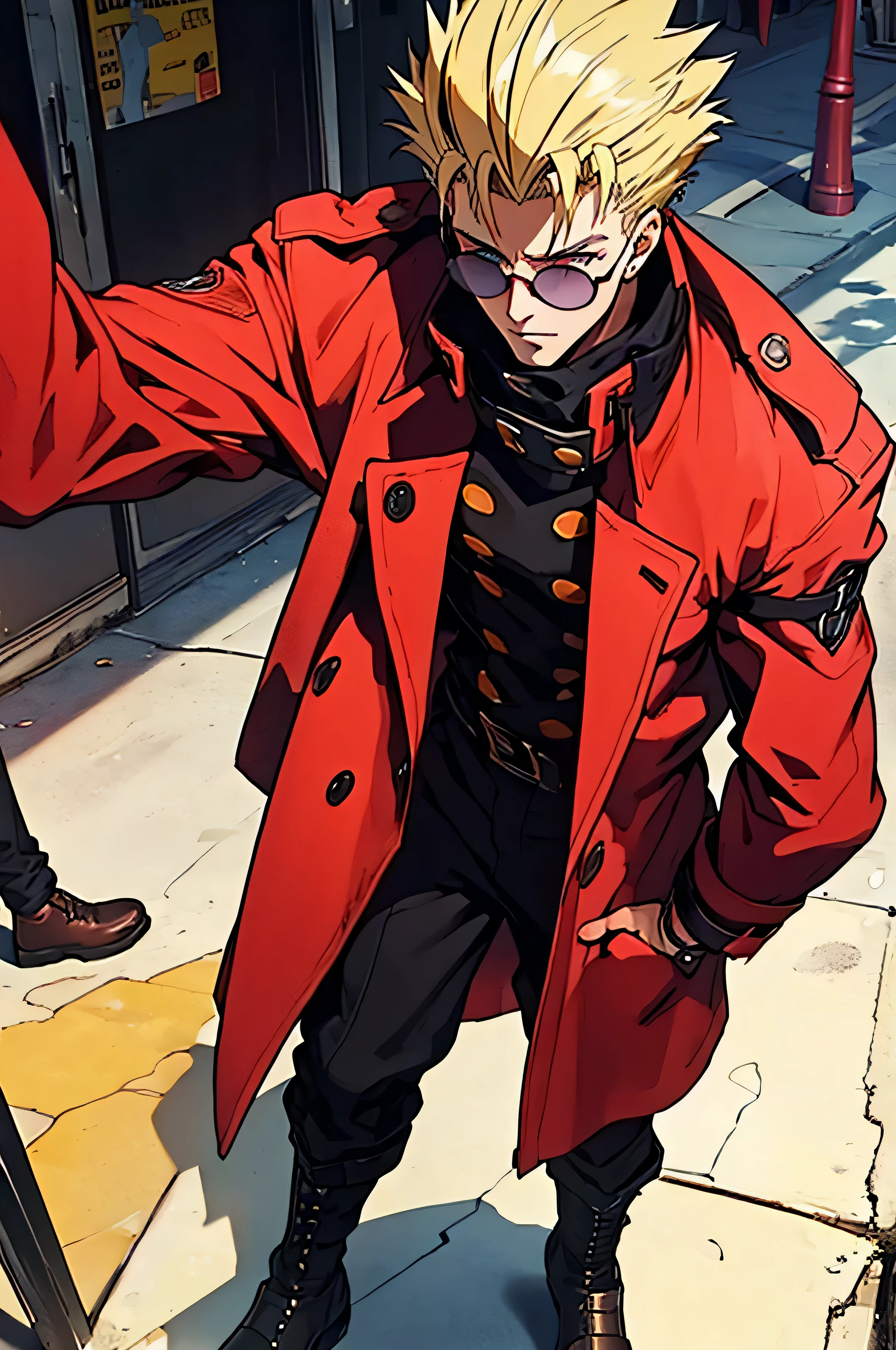 (masterpiece:1.4), (highest quality:1.4), (High resolution:1.4), (Vash Stampede), yellow hair, blue eyes, (red trench coat), black pants, (Sunglasses with round lenses, the lens is yellow), loaded, 