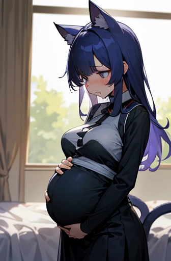 1 girl, Have cat ears,Pregnant, childbirth, work, Pregnantのお腹を抱きしめる, wear a maternity suit、clothes get torn、scared、on the bed、wearing a skirt
