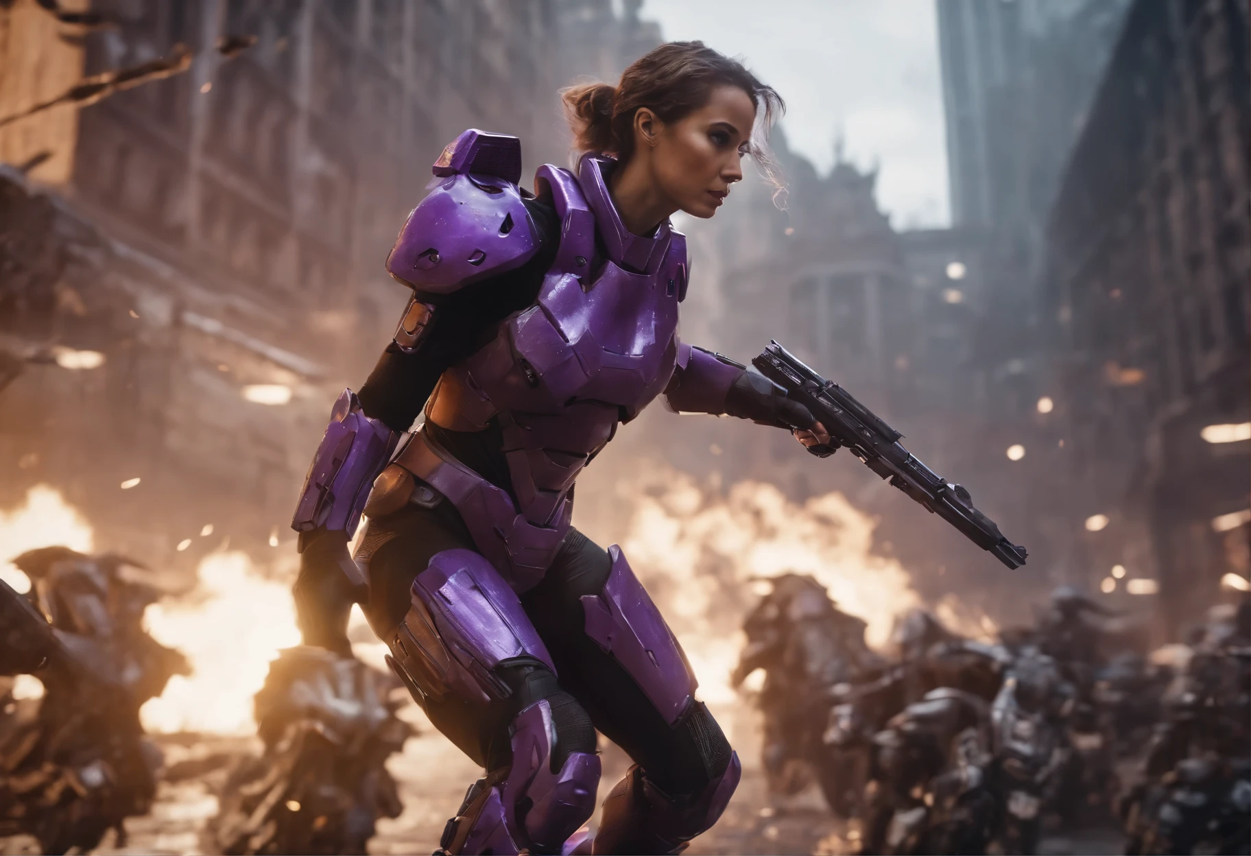 photorealistic, detailed flying debris,a bulk female warrior in halo spartan armor fighting strongly an army of aliens, perfect fit body, purple aura fire around her, body dynamic epic action pose, bladerunner city street ruined background, trending on artstation, extreme details, cinematic, surreal, manga, anime, intricate details, very detailed and intricate armor, octane render, dynamic epic action pose