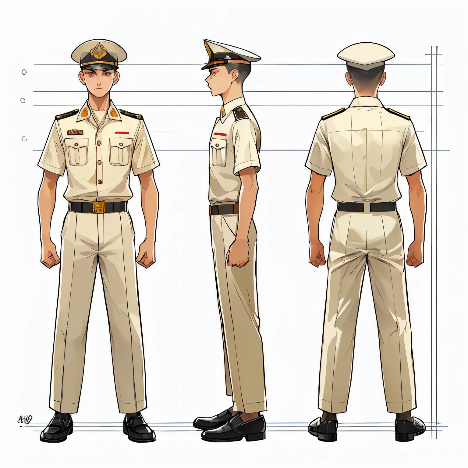 character design front, side, 45 degree view, a male student at the Indonesian military academy, buzz cut, wearing a cream colored top and bottom formal outfit,short sleeve shirt,long pants,black loafers, wear a hat, athletic, A pose, full body, standing,