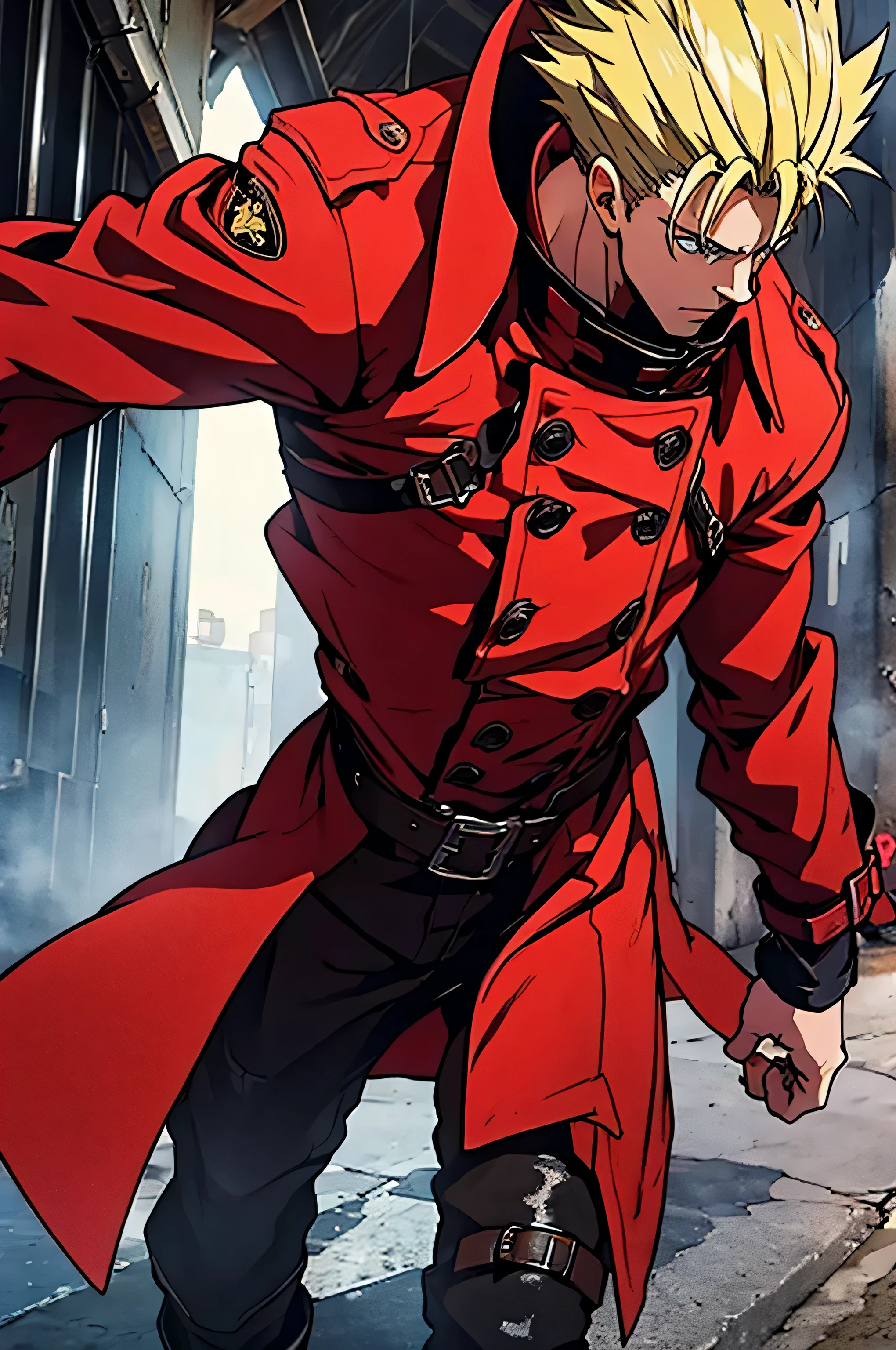 (Vash Stampede), yellow hair, blue eyes, (red trench coat), black pants