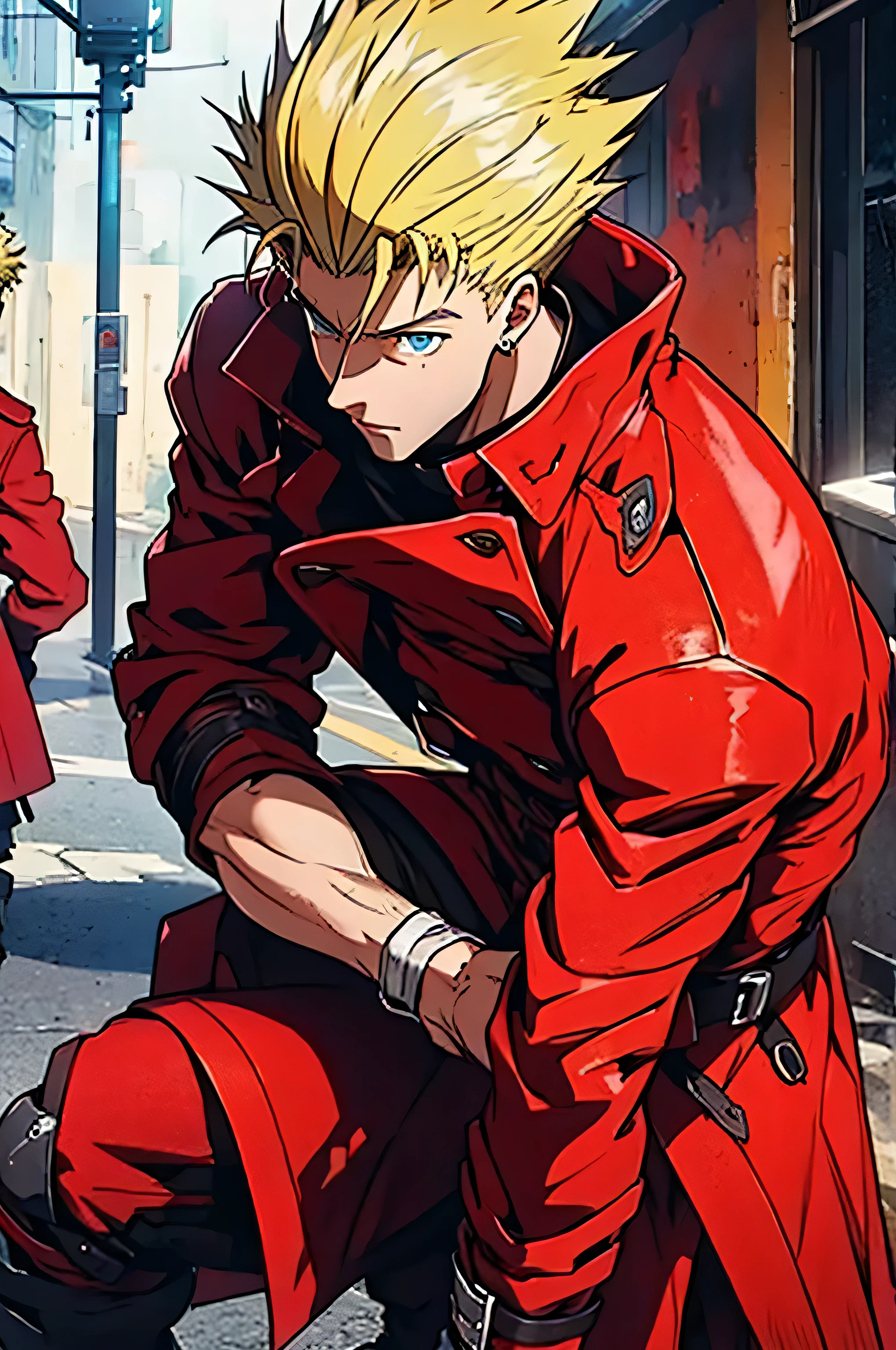 (Vash Stampede), yellow hair, blue eyes, (red trench coat), black pants