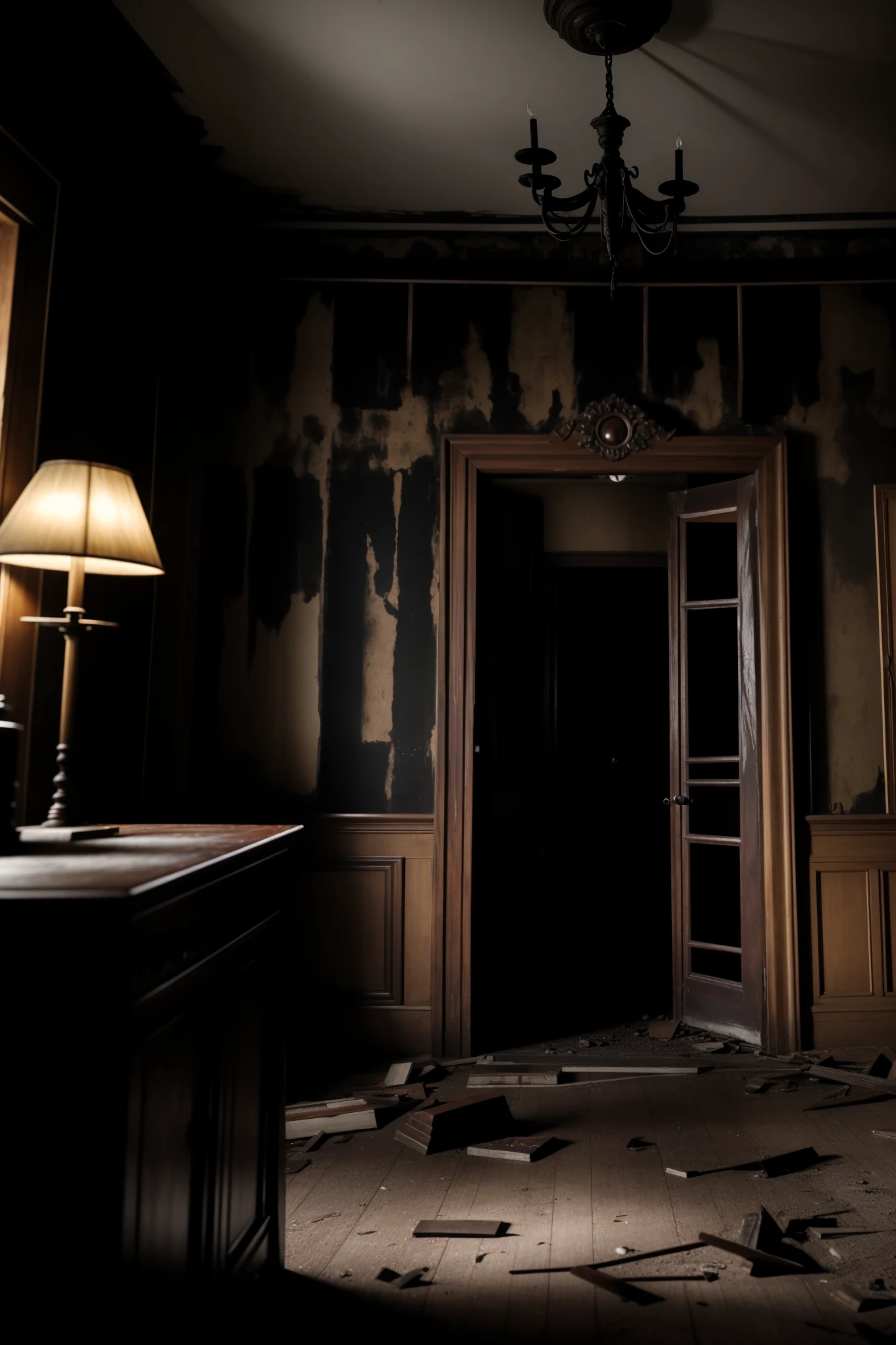 A chilling, cinematic image of a black-haired monster with a twisted, menacing face and long, flowing locks. In the background, the monster stands in a dimly lit, abandoned house, where the only source of light comes from a broken mirror with a blood-stained hand reaching out. The overall atmosphere is eerie and suspenseful, with a sense of impending doom hanging heavy in the air. The monster's eyes gleam with an otherworldly intensity, and its breathing can be heard echoing through the abandoned rooms. The image is captured in high definition, with every detail vividly brought to life - from the monster's grotesque features to the peeling wallpaper and