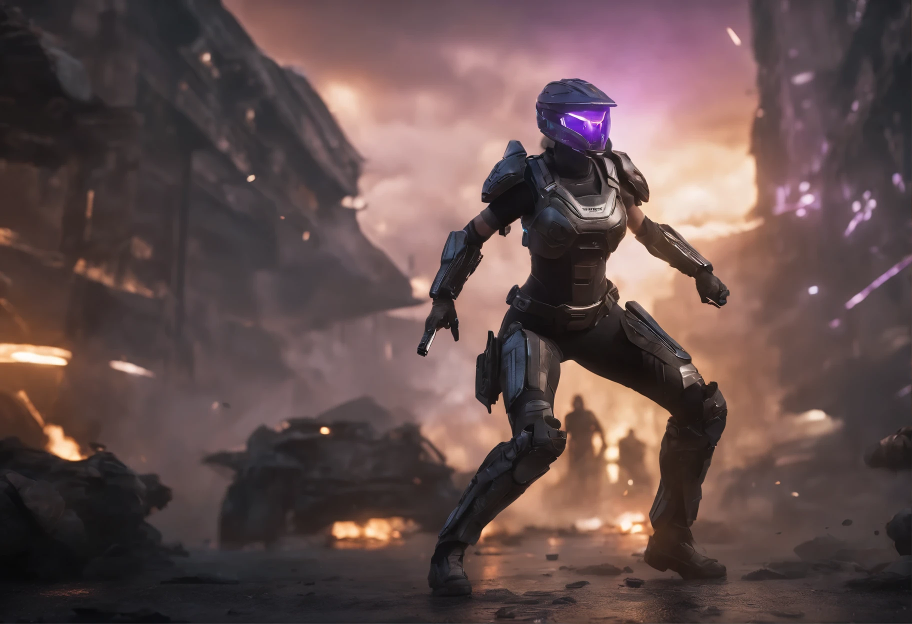 photorealistic, detailed flying debris,a bulk female warrior in halo spartan armor fighting strongly an army of aliens, perfect fit body, purple aura fire around her, body dynamic epic action pose, bladerunner city street ruined background, trending on artstation, extreme details, cinematic, surreal, manga, anime, intricate details, very detailed and intricate armor, octane render, dynamic epic action pose