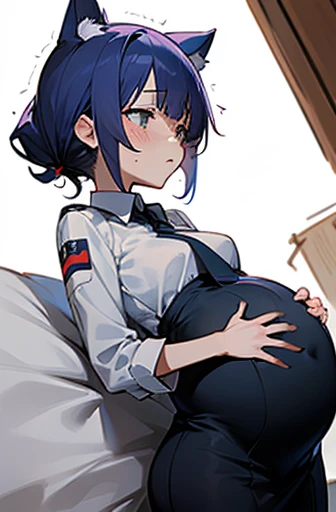1 girl, Have cat ears,Pregnant, childbirth, work, Pregnantのお腹を抱きしめる, wear a maternity suit、clothes get torn、scared、on the bed、wearing a skirt