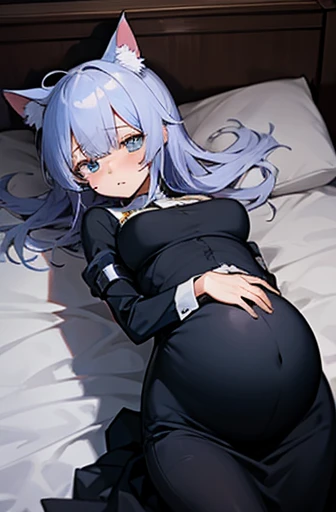 1 girl, Have cat ears,Pregnant, childbirth, work, Pregnantのお腹を抱きしめる, wear a maternity suit、clothes get torn、scared、on the bed、wearing a skirt