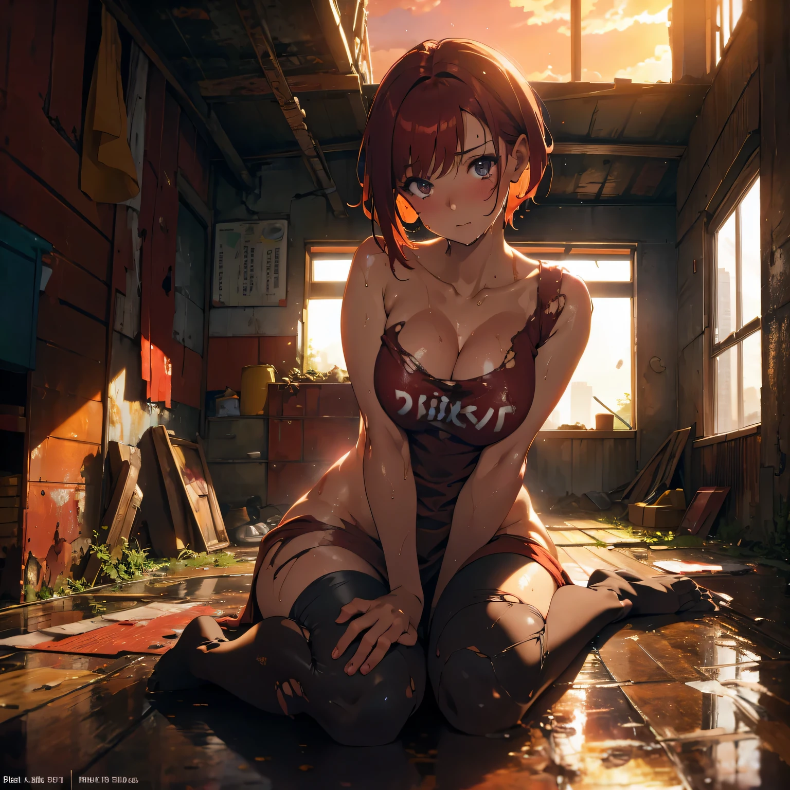 1 girl, Bright red short hair, small breasts, big ass, hard nipples, wearing t-shirt, torn t-shirt, shirt,((completely naked)), wet skin, ((very wet body)), sweaty skin, slavery, she is a slave, collar around the neck, sitting on the floor, abandoned room in the background, sunset, warm light, apocalypse, abandoned concrete building, skyscrapers in the background, blush on the face, Best quality, 8 k, A high resolution, Anatomically correct, masterpiece.
