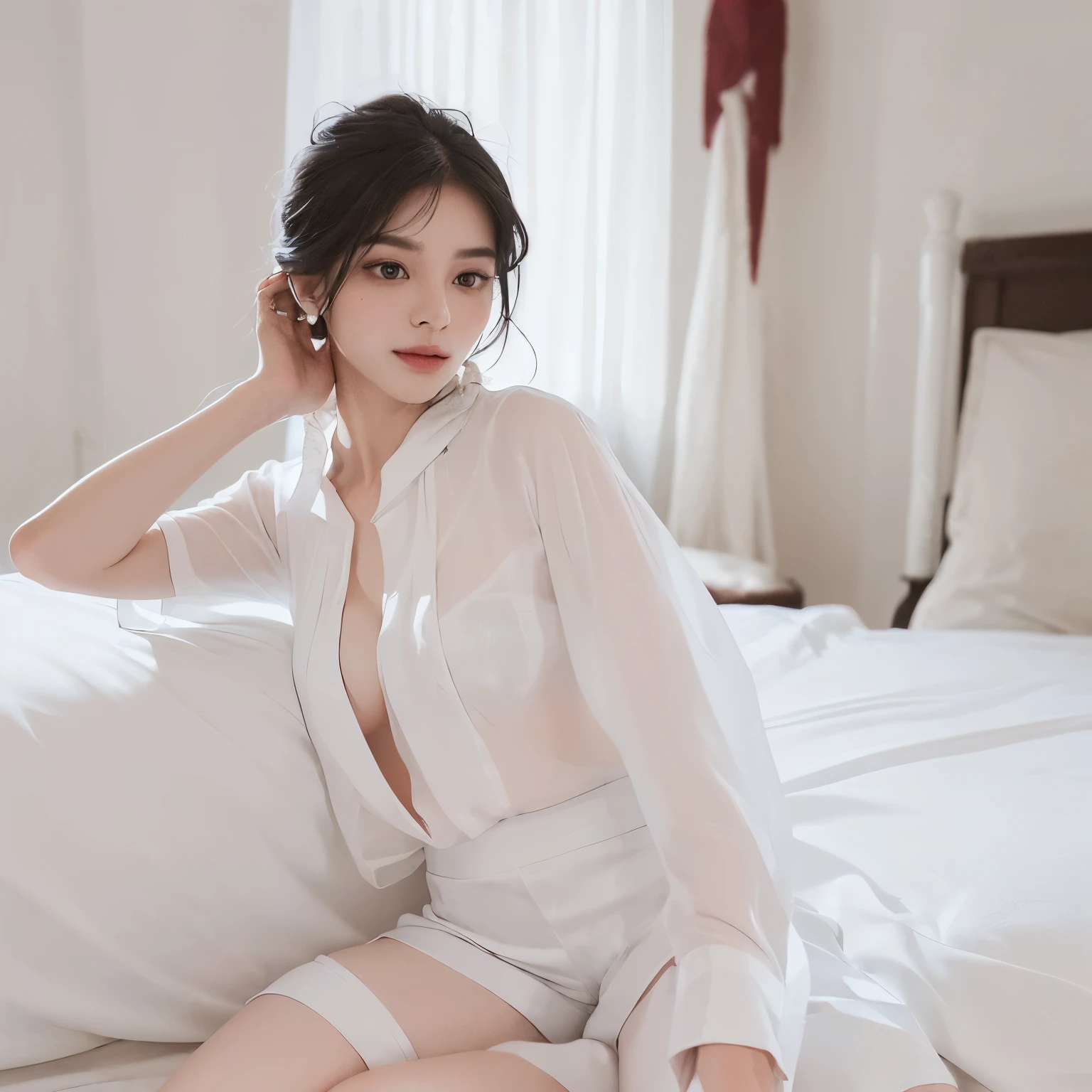 Surreal 8K CG，perfect faces，Impeccable perfection，ren，tmasterpiece，professional artwork，famous artwork，Innocent -yeld gi(Wear ultra-thin cotton pajamas)、Wear small panties、Sitting in the room、A Smile、Raw foto, (8K、Top  Quality、​masterpiece:1.2)、(delicate detail:1.4)、(Photorealcitic:1.4)、octan render、Complex 3D rendering, Ultra-detail, Studio Soft Light (Studio Soft Light) (Studio Soft Light (Studio Soft Light)), Rim Light, vibrant details, Super detailing, Realistic Skin Textures, Detail Face, Beautiful detail eyes, Highly detailed CG Unity 16k wallpapers, Makeup-, (detailed background:1.2), shinny skin、turned around、exposed thighs!!!、