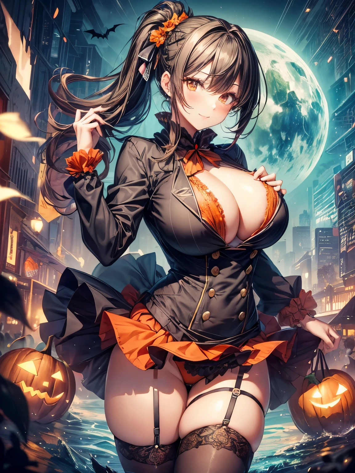 highest quality、full finger、Slender beauty、ponytail woman、brown haired woman、medium hair woman、(beautiful big breasted woman:1.8)、Halloween Scenery、halloween costume、((Black and orange bra))、((Black and orange bloomers) )、naughty pose、big smile、dancing