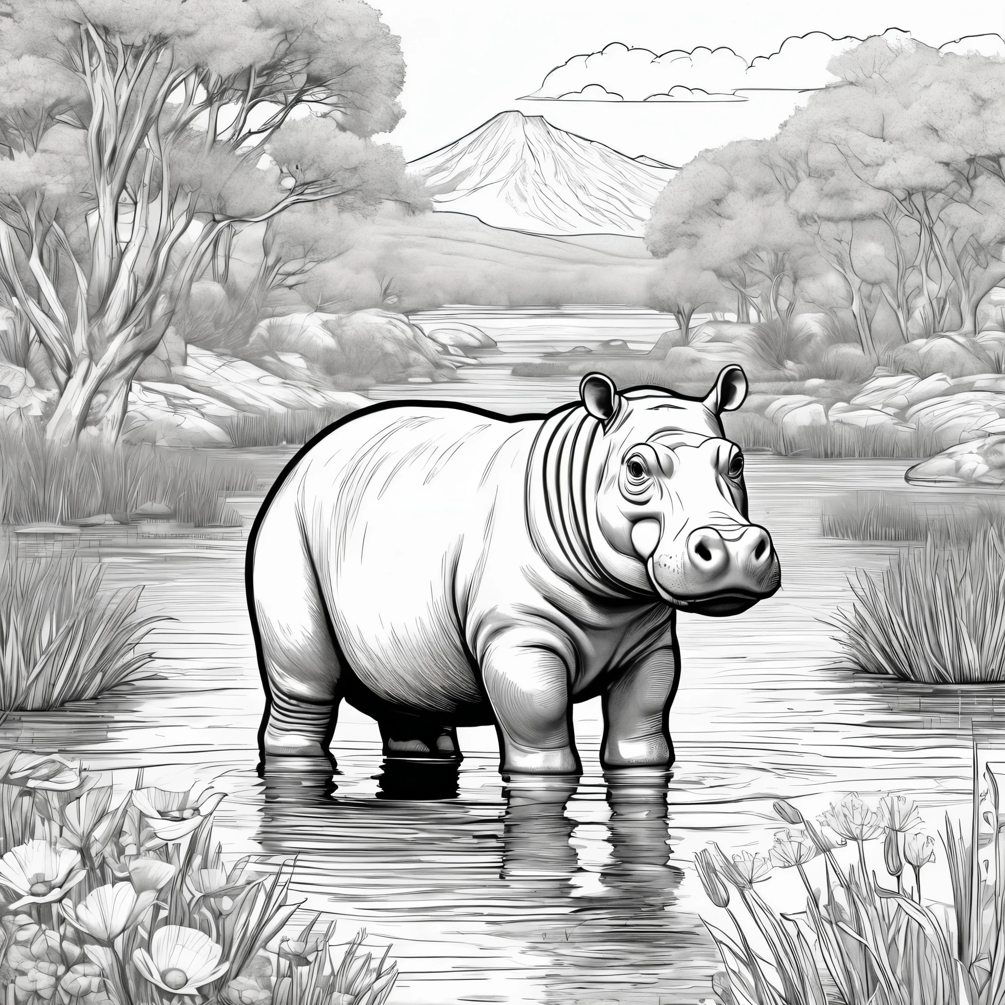 Very detailed and hyper-detailed 8K drawing of a colorless baby hippopotamus in the river, we see its whole body and its beautiful eyes against the background of colorless nature and wildflowers; line art, Pixar style for a coloring book; detailed context of lakes and river       zones in Africa.
ColoringBookAF, coloring books on blank white background, Redmond coloring book, no color