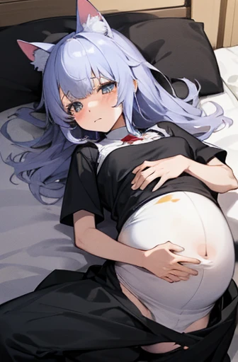 1 girl, Have cat ears,Pregnant, childbirth, work, Pregnantのお腹を抱きしめる, wear a maternity suit、clothes get torn、scared、on the bed、wearing a skirt