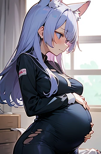 1 girl, Have cat ears,Pregnant, childbirth, work, Pregnantのお腹を抱きしめる, wear a maternity suit、clothes get torn、scared、on the bed、wearing a skirt