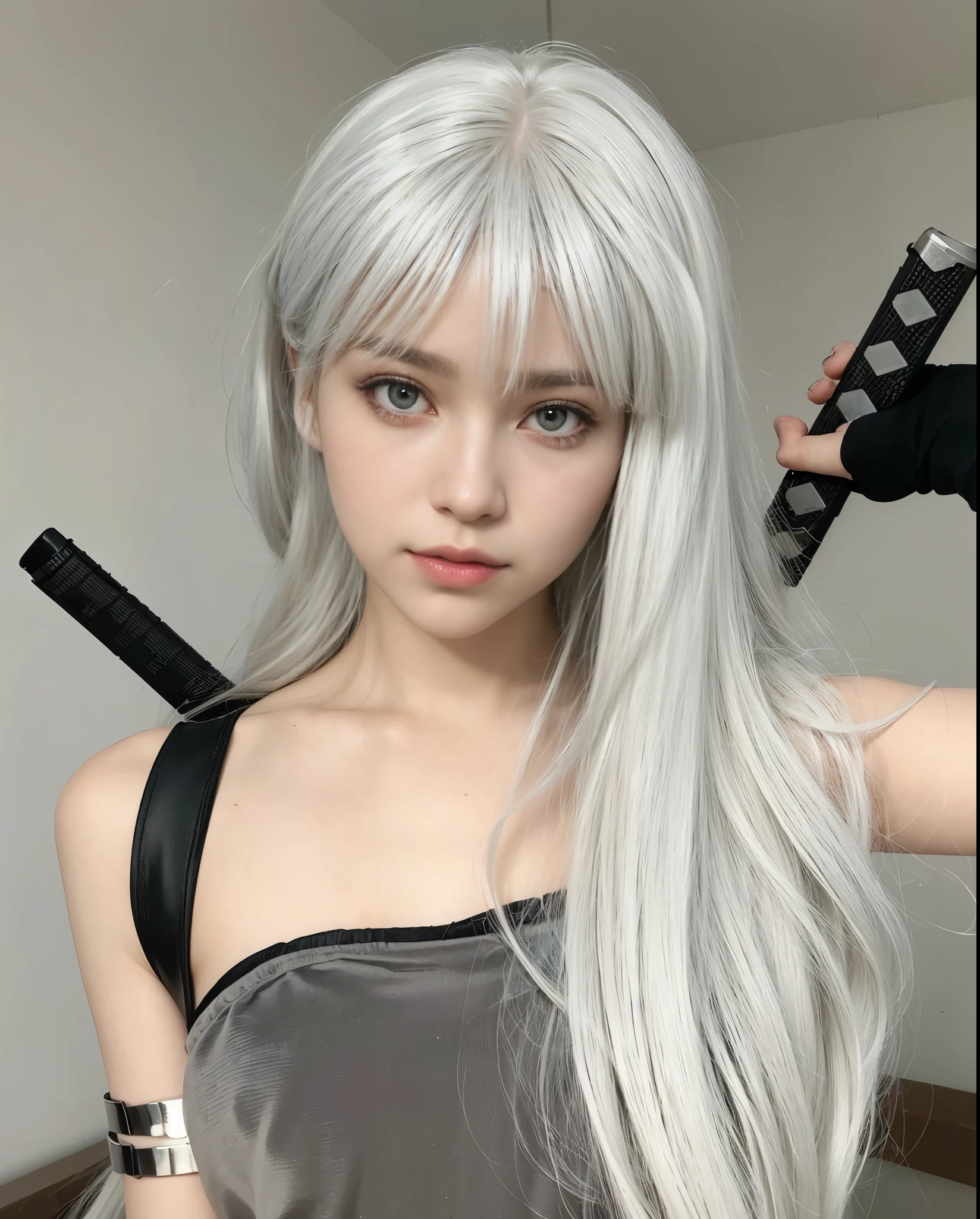a close up of a person with a gun and a dress, long white hair and bangs, with white long hair, with long white hair, girl silver hair, white hime cut hairstyle, silver white hair, silver hair (ponytail), white hair color, long straight silver hair, silver hair girl, silver ponytail hair, intense white hair, tifa lockhart with white hair