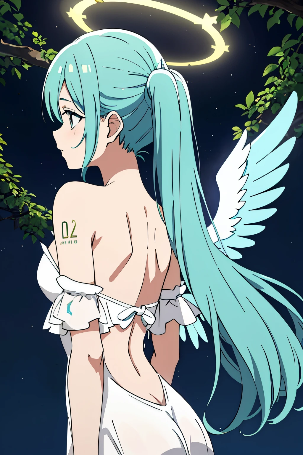 obra de arte, Mais alta qualidade, Hatsune Miku, vestido branco, anjo, anjo wings, halo dourado, fundo escuro, tronco, (boca fechada:1.2), olhando para o espectador, turn your arms behind your back, tema azul, executante, noite estrelada