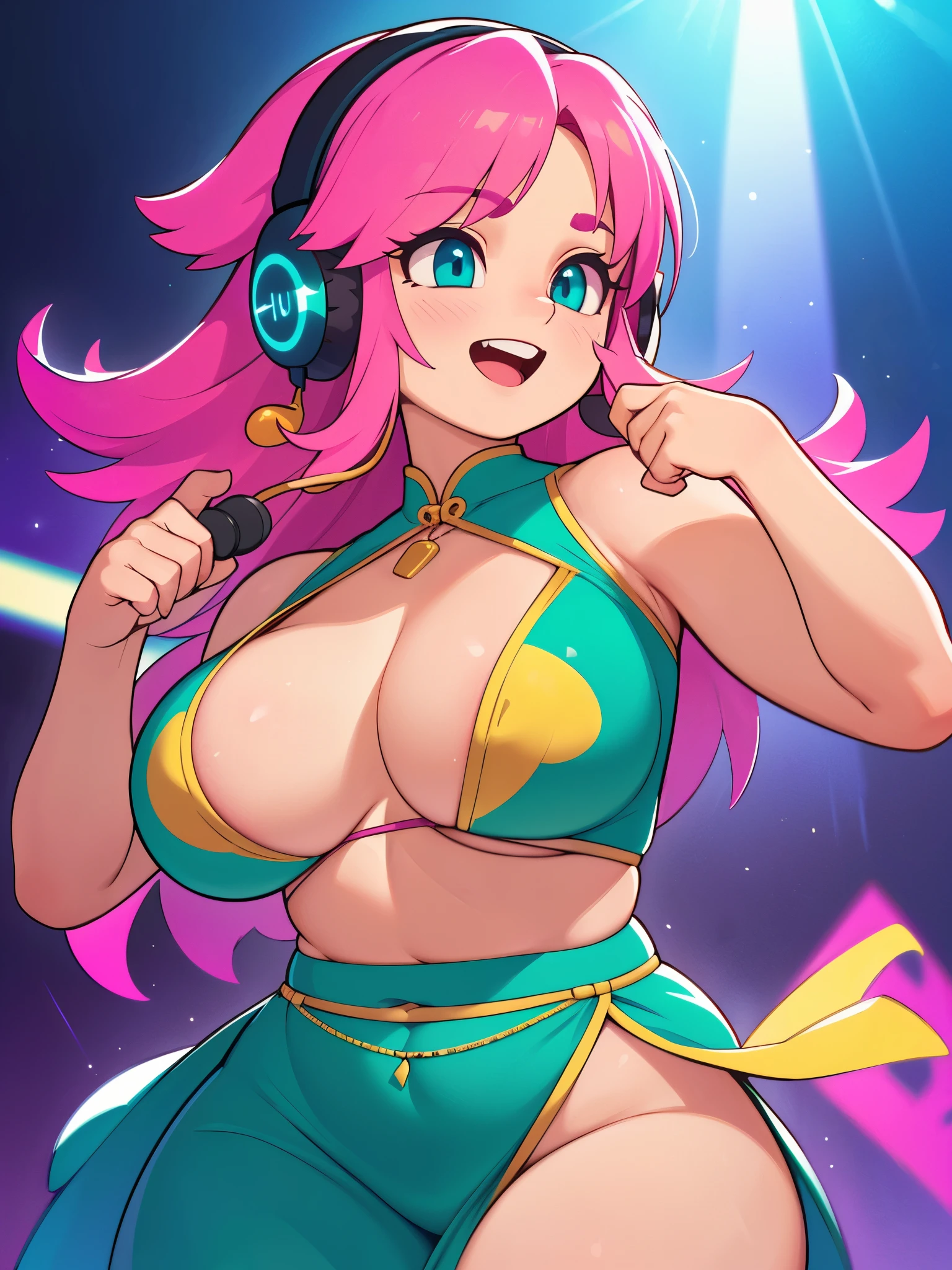 (best quality, highres, masterpiece:1.2), ultra-detailed, (realistic, photorealistic, photo-realistic:1.37), woman, mature, music notes, dancing, Joyful expression, Pink flowing hair, sparkling teal eyes, Music aura, instruments, headphones, Etheral, Stage, performance, Colorful outfit, jewellery, dance club, Musical aura, revealing clothes, busty, curvy,