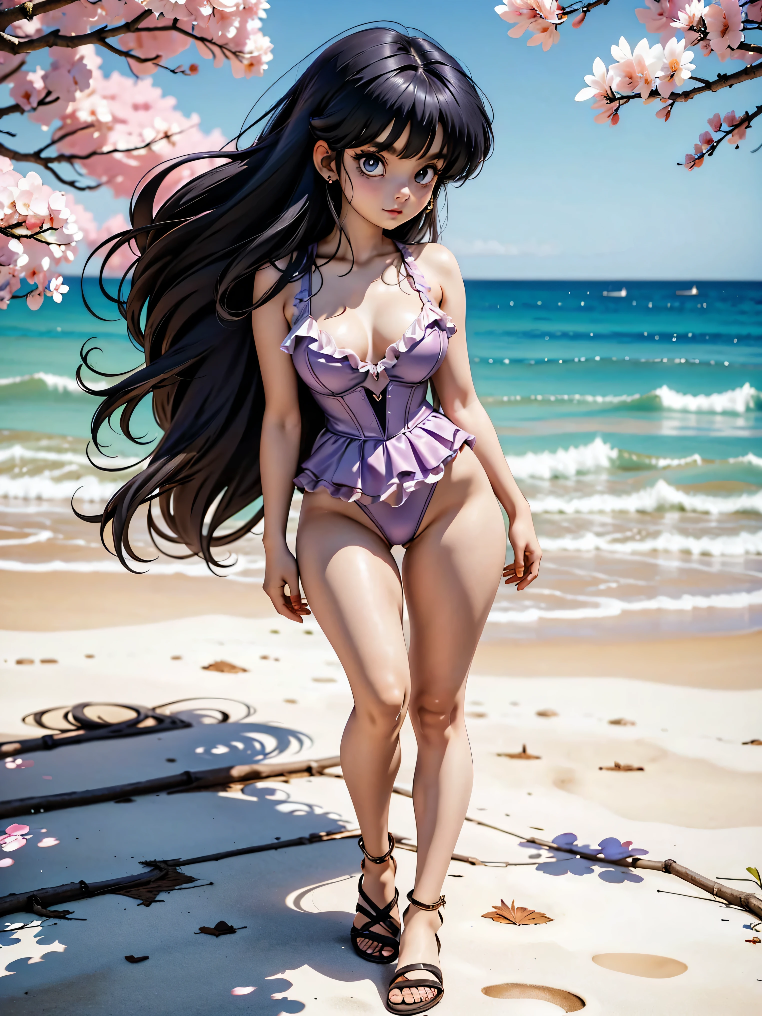 Dark-haired anime girl in pink and purple swimsuit with corset, , corpo bonito, seios grandes, com hand in pantiess, hand in panties, hand in hair, Garota sensual, purple cabelo, mechas de cabelo laterais, mechas de cabelo na lateral do rosto, beautiful lighting, sombras suaves, olhos azuis, pernas bonitas, cabelo curto, estilo anime, personagem Akane Tendo, Autora Rumiko Takahashi, Baseado em obra de Rumiko Takahashi, Anime Ranma 1/ 2, decote sensual, quadril robusto, corpo inteiro, corpo inteiro, busto grande, garota jovem com corpo belo e bonito, sandals on his feet, garota 16 anos usando maiô e corset pink, garota anime, estilo anime, beautiful feet in sandals, 45° viewing angle, ao ar livre, peito grande, seios bonitos, cabelo preto, sandals on the feet, pernas bonitas, sensual, belas pernas, Sandalias, seios grandes, corpo completo, corpo inteiro, feet with sandals, anime realista, saia, sarja roxa, personagem realista sensual, postura reta, ao ar livre, calcinha pink, hand in pantiess, hand in pantiess, seios grandes, sorrindo
