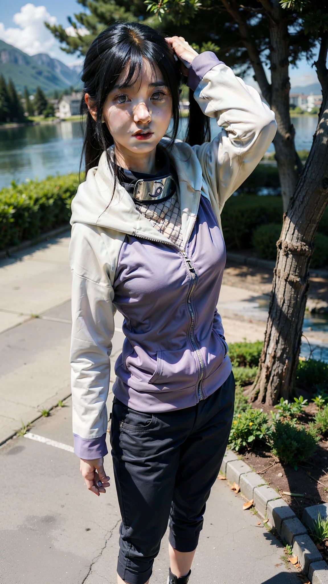 cute girl in purple jacket and black pants standing by the lake, hinata hyuga from naruto, hinata hyuga, in the real world, realistic, full HD, auto focus, 32K, not blurry