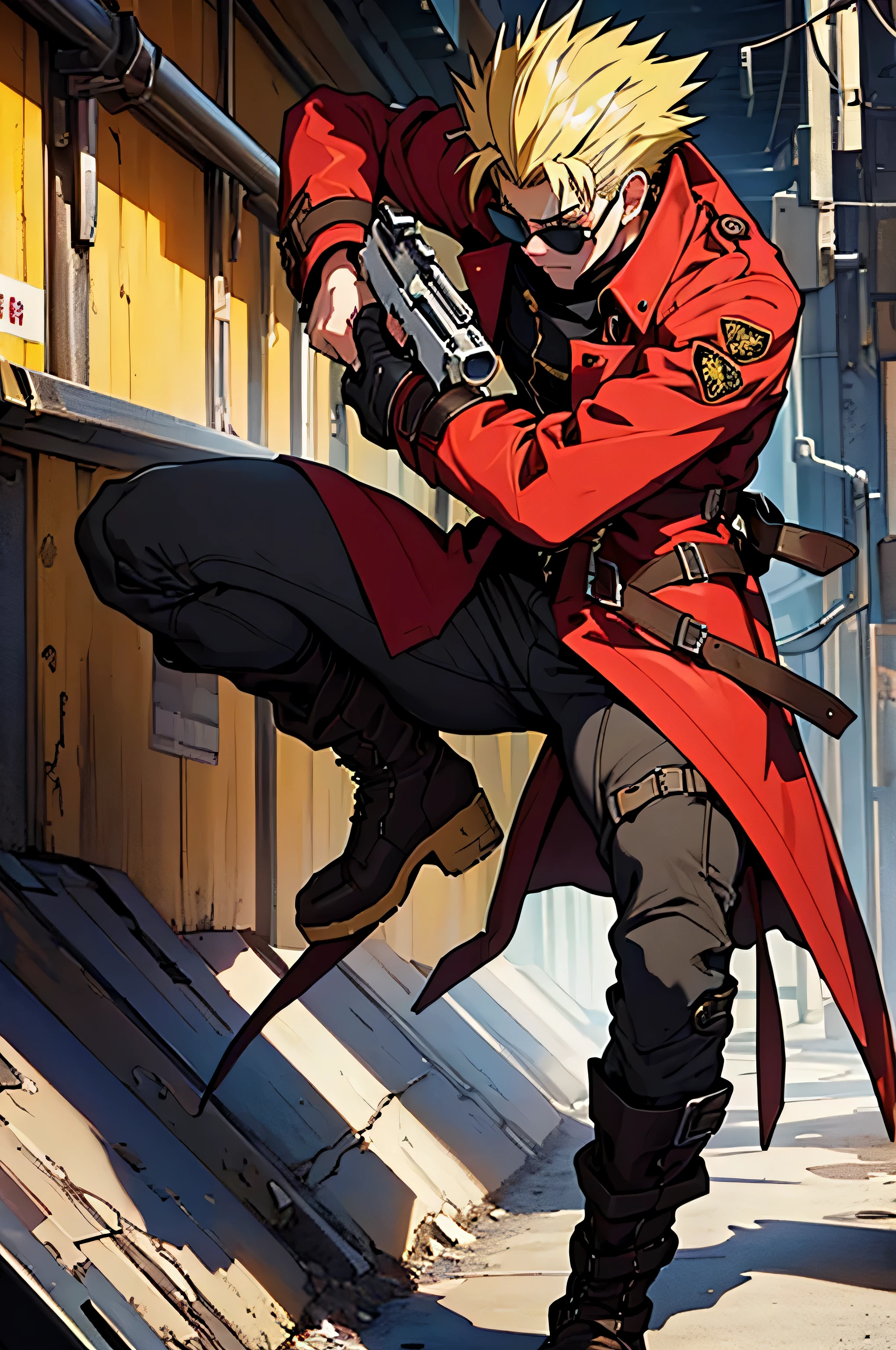 (masterpiece:1.4), (highest quality:1.4), (High resolution:1.4), anatomically perfect body, (perfect stocking gun, right arm), (Vash Stampede), yellowい髪, blue eyes, (red trench coat), black pants, (Sunglasses with round lenses, yellow), loaded, big revolver gun, hard action pose