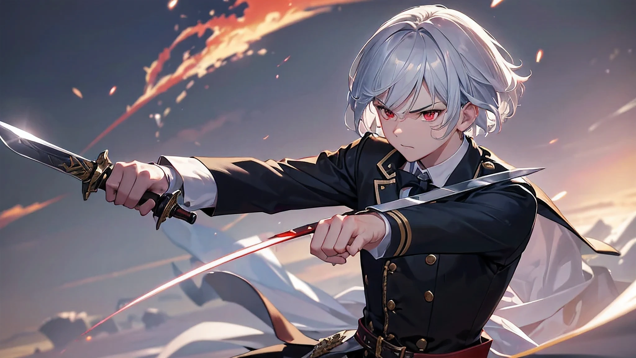 perfect anatomy, masterpiece:1.2, highest quality, 8K, beautiful and detailed growth, Utopian performance, ((The background is shooting flares)), break, ((combat combat posture)) (Holding the Zweihander with both hands The hand holding the largest Zweihander):1.3, (Solo silver short hair divine swordsman boy, , fine red eyes, serious face), ((Slashing Action)), Wearing a butler's uniform, on the open battlefield.