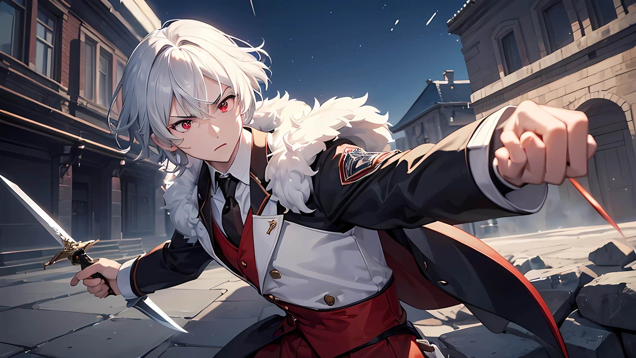 perfect anatomy, masterpiece:1.2, highest quality, 8K, beautiful and detailed growth, Utopian performance, ((The background is shooting flares)), break, ((combat combat posture)) (Holding the Zweihander with both hands The hand holding the largest Zweihander):1.3, (Solo silver short hair divine swordsman boy, 15, fine red eyes, serious face), ((Slashing Action)), Wearing a butler's uniform, on the open battlefield.