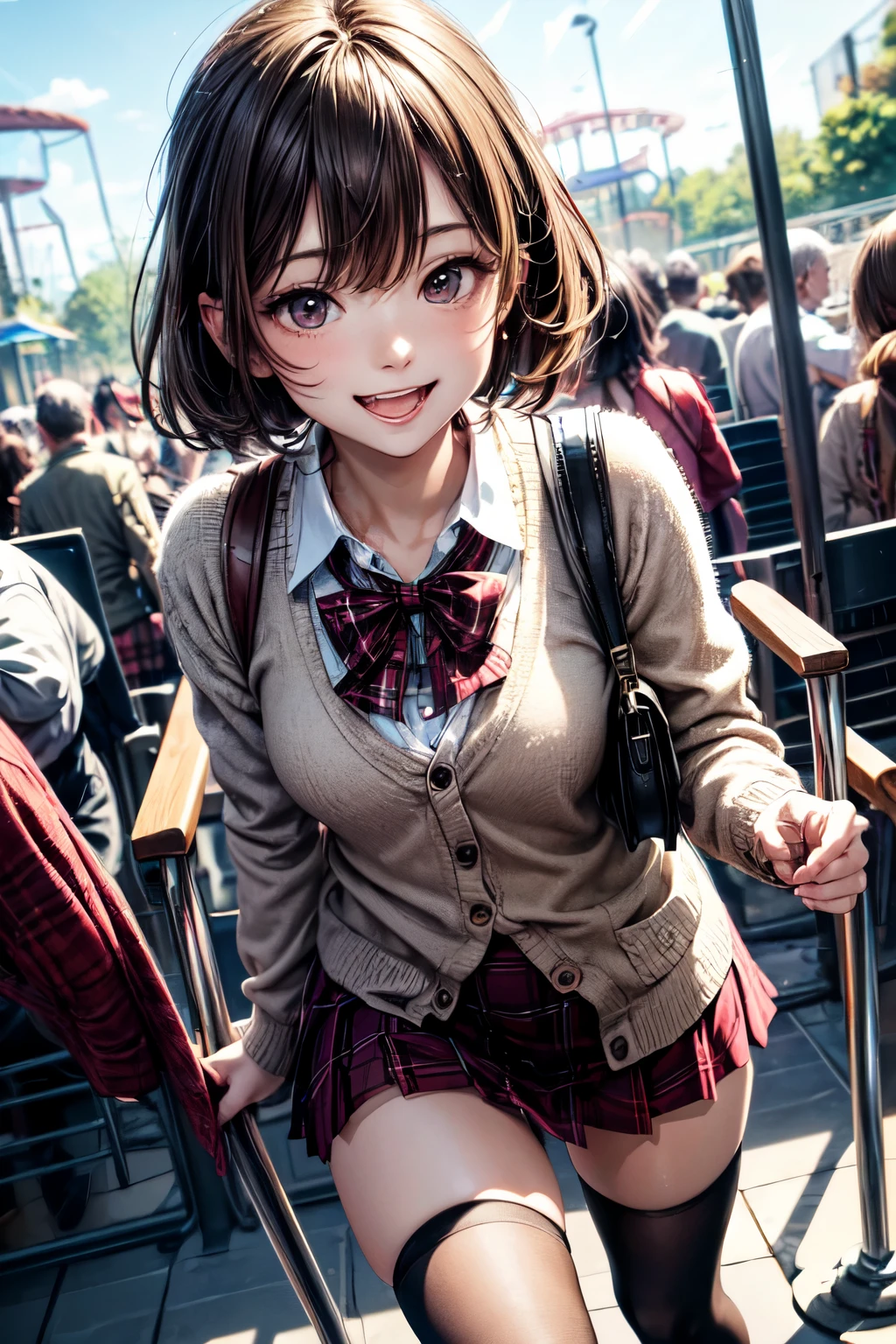 very cute and beautiful girl in amusement park ride,(highly detailed beautiful face),(white blouse),
laugh,(smile),happy,(beige cardigan:1.2) BREAK zettai ryouiki,(plaid brown mini skirt:1.2),
hair ornament,black hair,(black shoulder bag),(black boots),
(best quality,masterpiece:1.2),absurdres,highres,ultra-detailed,extremely detailed,32k,8k resolution,
intricate details,cinematic scene,detailed background,solo,dynamic angle,