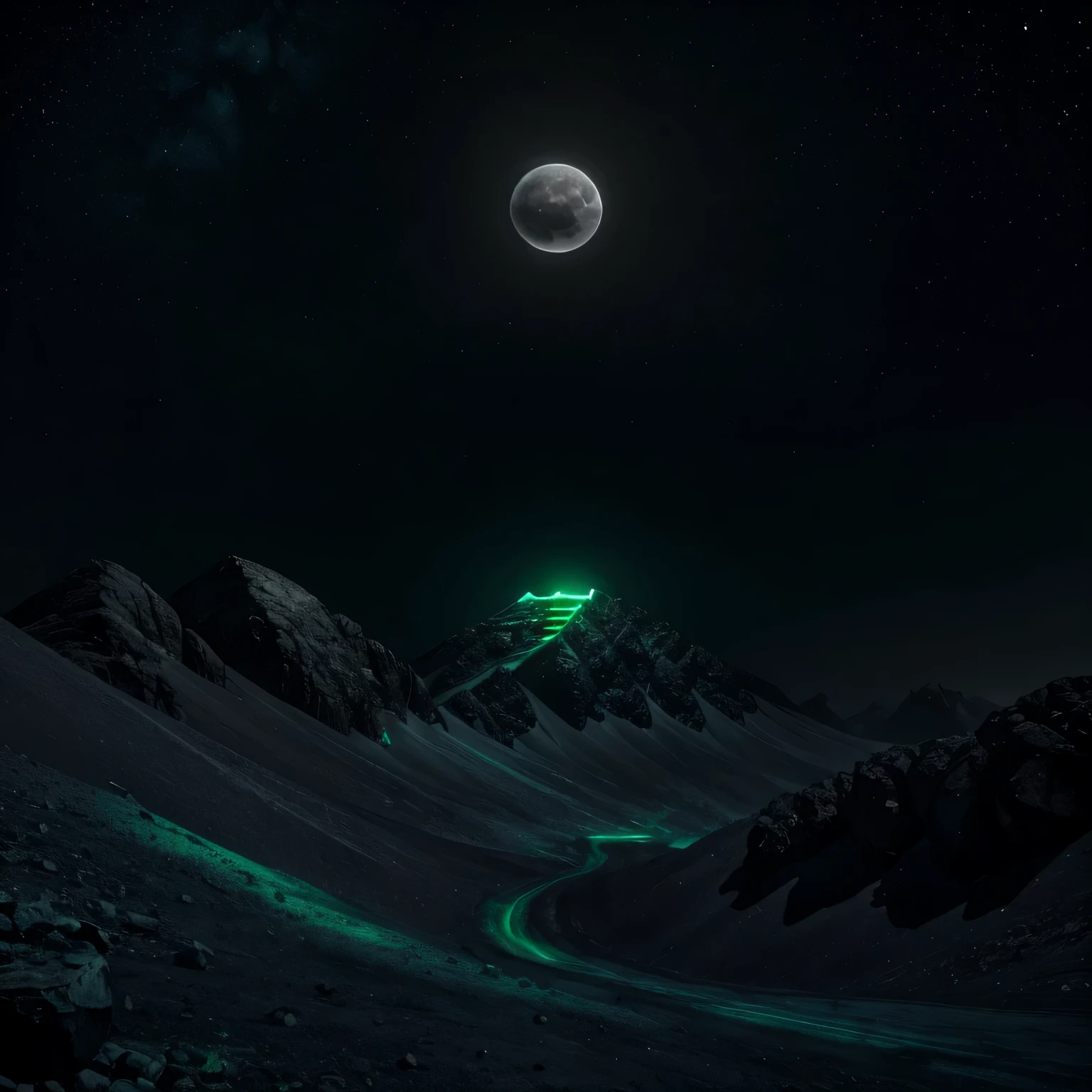 bare mountain,dark athmosphere,moon,deserted,scary,triangle,there is a green light portal top of the mountain,