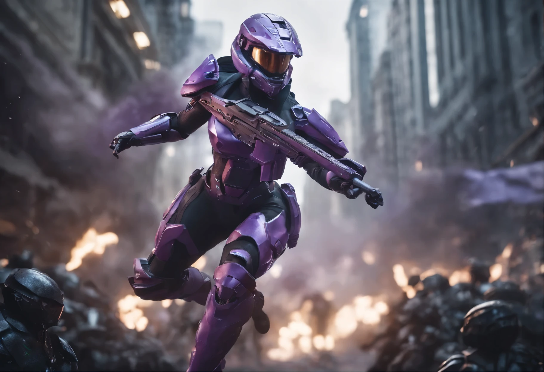 photorealistic, detailed flying debris,a bulk female warrior in halo spartan armor fighting strongly an army of aliens, perfect fit body, purple aura fire around her, body dynamic epic action pose, bladerunner city street ruined background, trending on artstation, extreme details, cinematic, surreal, manga, anime, intricate details, very detailed and intricate armor, octane render, dynamic epic action pose