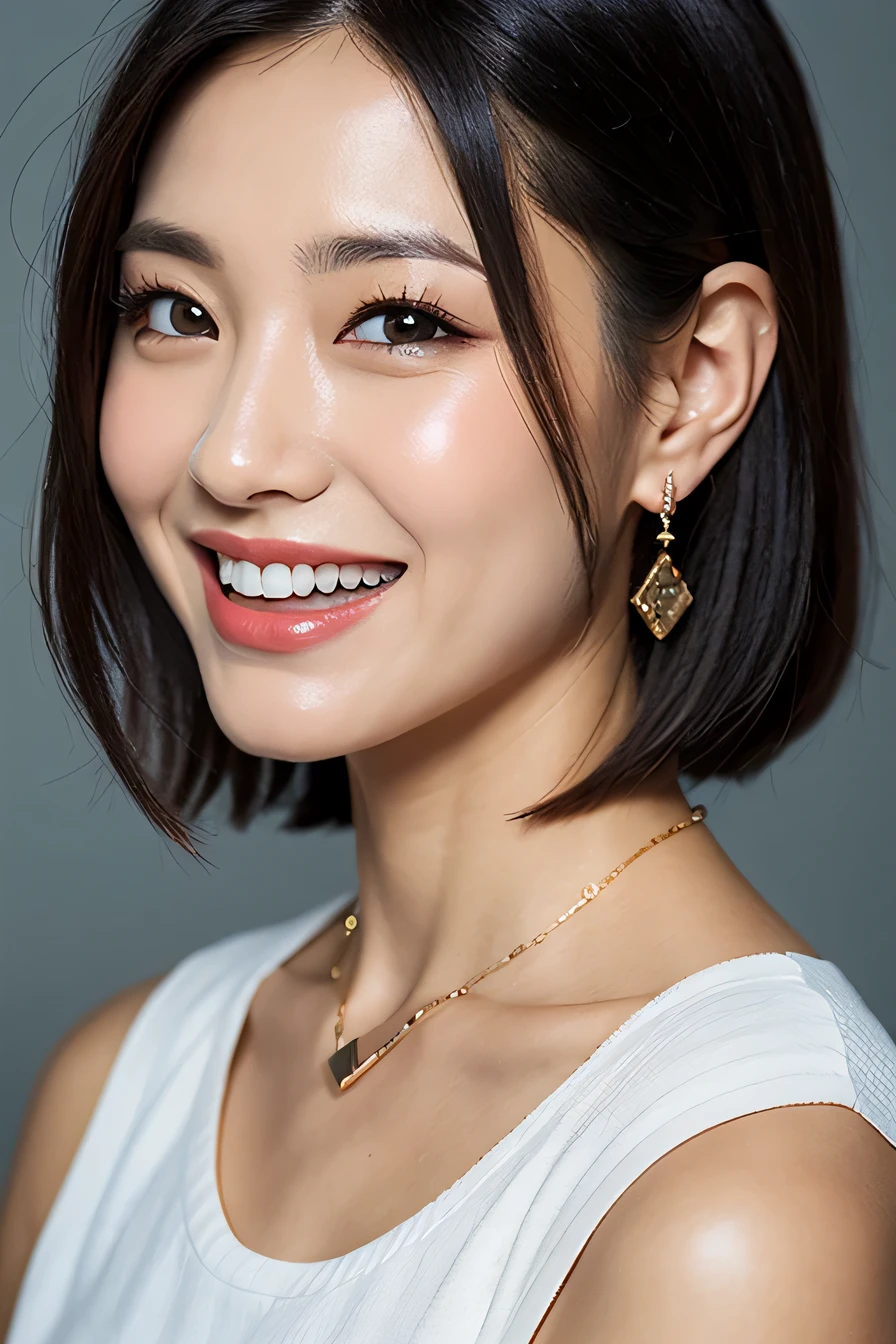 clear woman, cute, super detailed human face, 長いblack hair, fringe, highly detailed brown eyes, highly detailed teeth, white teeth, city、 amazing details, Canon 5DM4, film stock photography, F1.6 lenses, realistic texture, unreal engine, photorealist,black hair、dark eyeliner、ear piercing、necklace around neck、beautiful teeth
