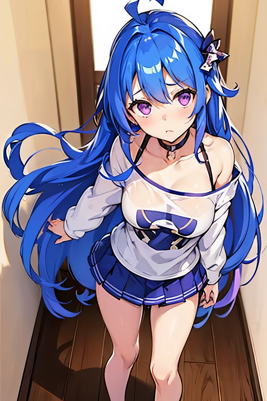 1girl,solo,helena (azur lane),blue_hair,very_long_hair,ahoge,purple_eyes,bangs,collarbone,blush,sidelocks,hair_between_eyes, casual outfit, oversized shirt, blue shirt, bare legs, hair ornament, standing, from below, looking up, doorway